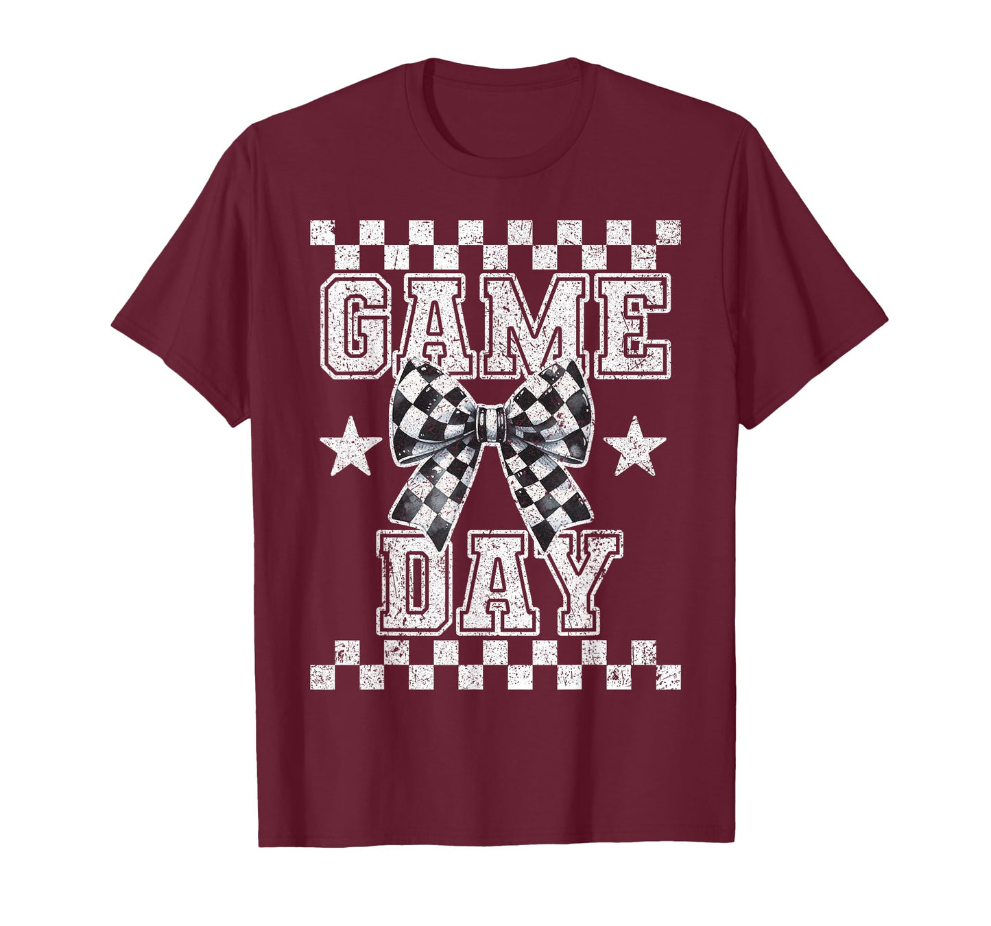 Retro Croquette Bow Black White Checkered Football Game Day T-Shirt