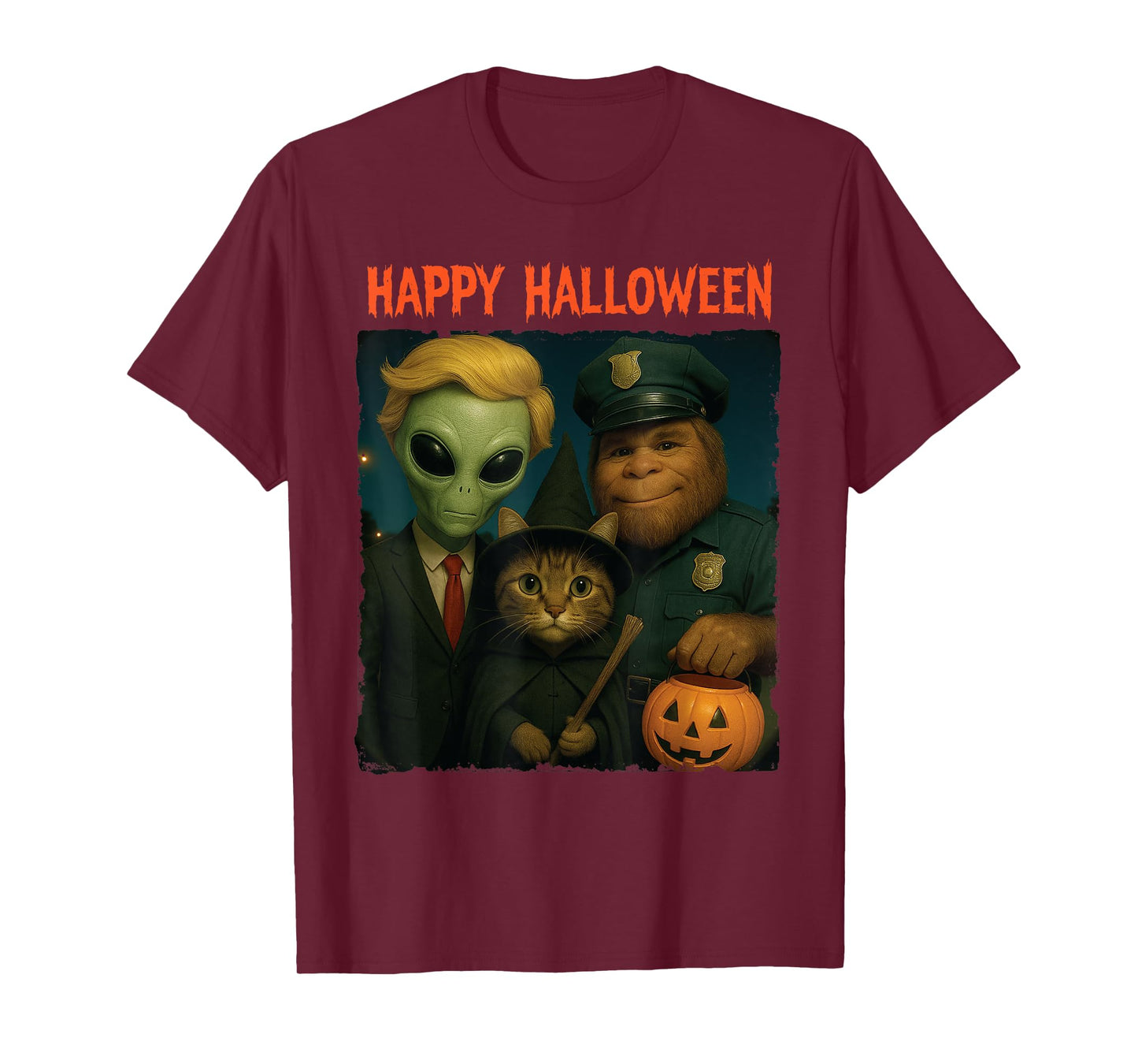 Bigfoot Alien Cat Funny Halloween Trick Treat Door Camera T-Shirt
