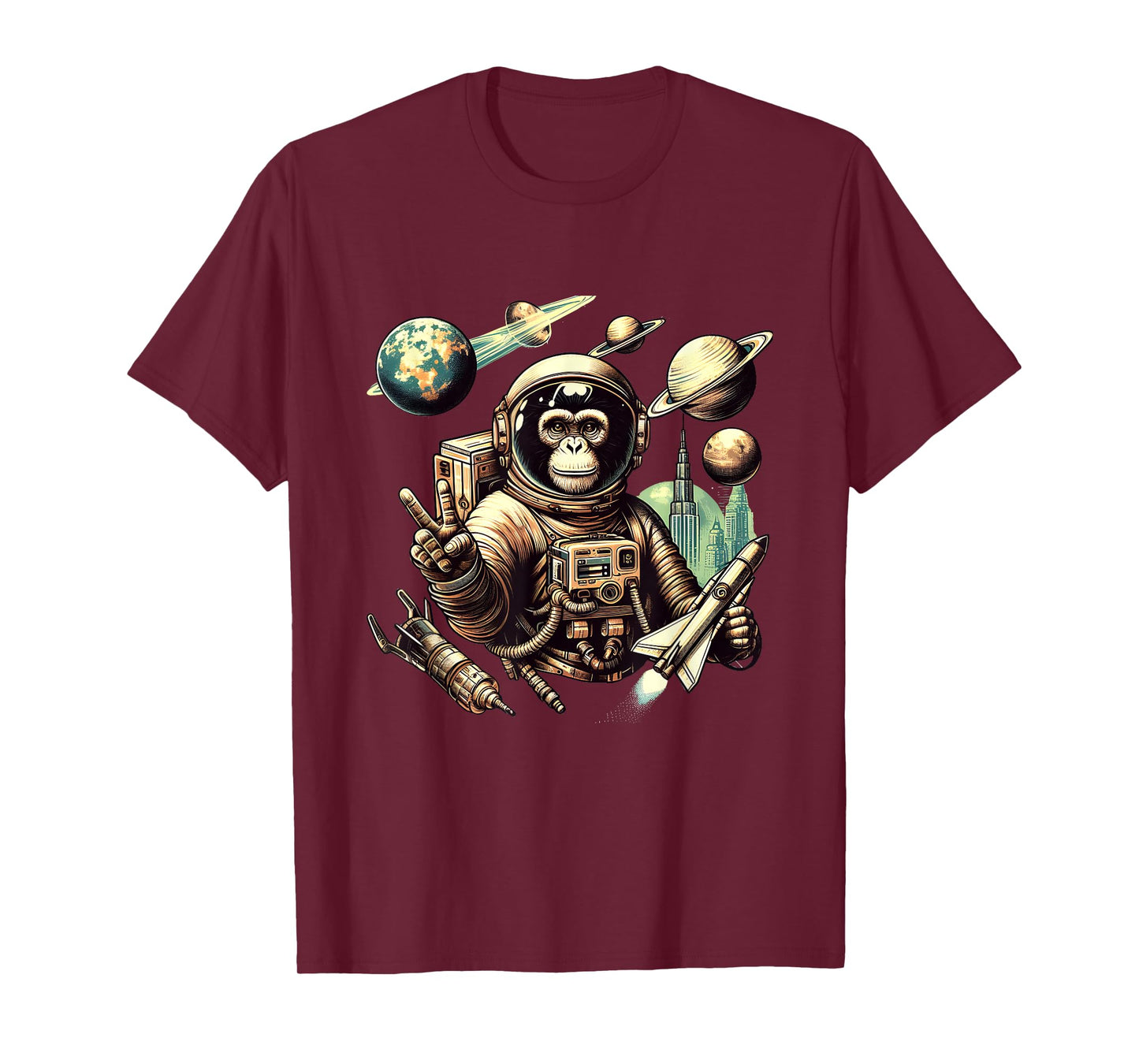 Space Vintage Travel Astronaut Monkey Holding Spaceship T-Shirt
