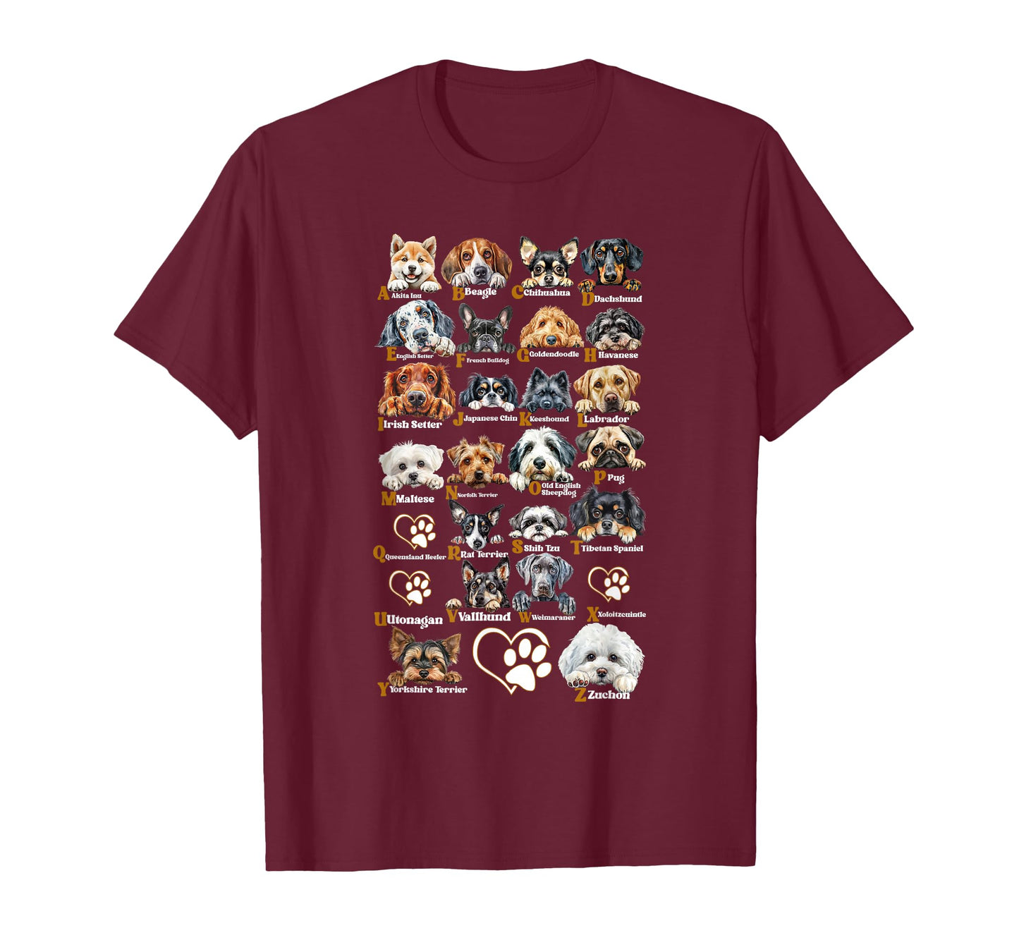 ABC Dog Breeds Identification A-Z Types of Dogs Canine T-Shirt