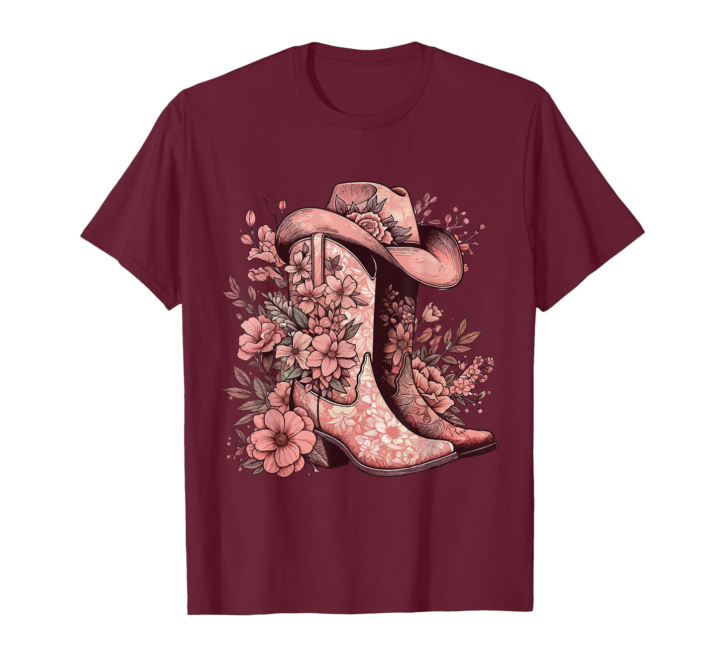 Boho Watercolor Cowgirl Boots Hat Floral Boots Western Boots T-Shirt