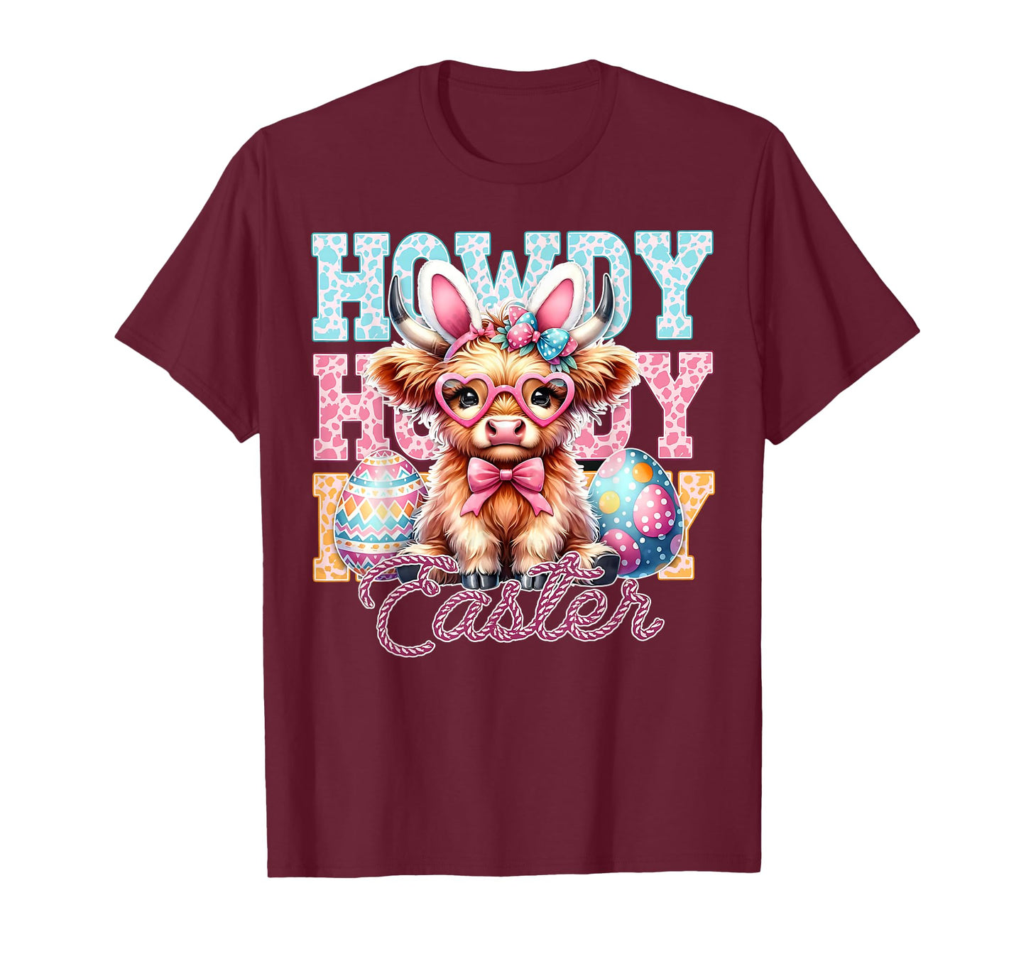 Cute Bunny Highland Cow Western Easter Ears Women Kids T-Shirt