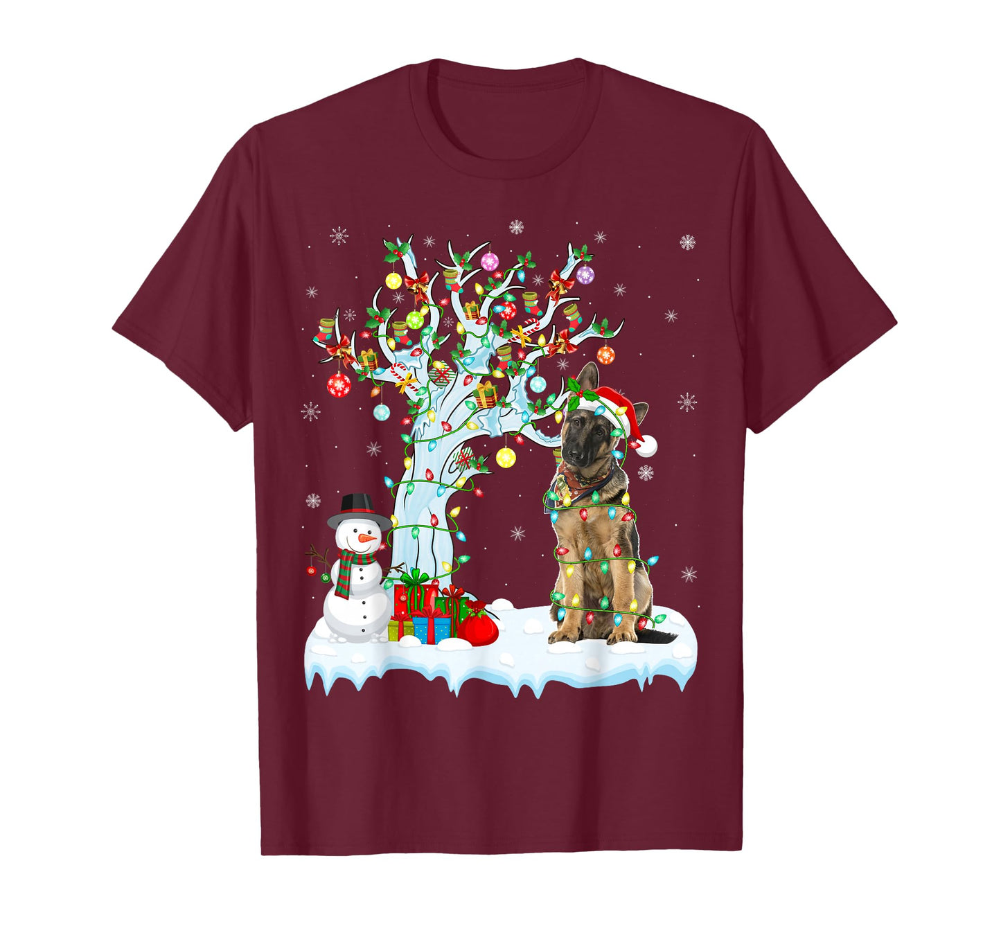 Funny Xmas Tree Lighting Santa Hat German Shepherd Christmas T-Shirt