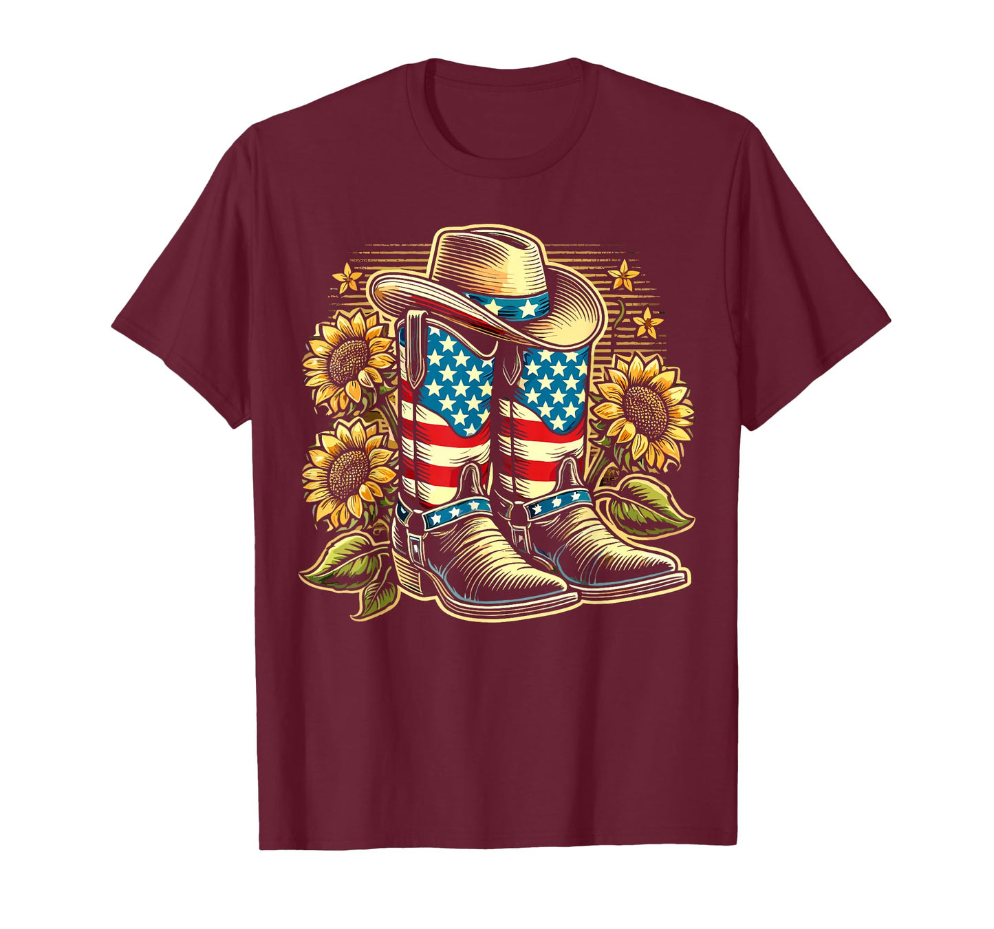 Cowboy Boots Hat American Flag Sunflower Country Western T-Shirt