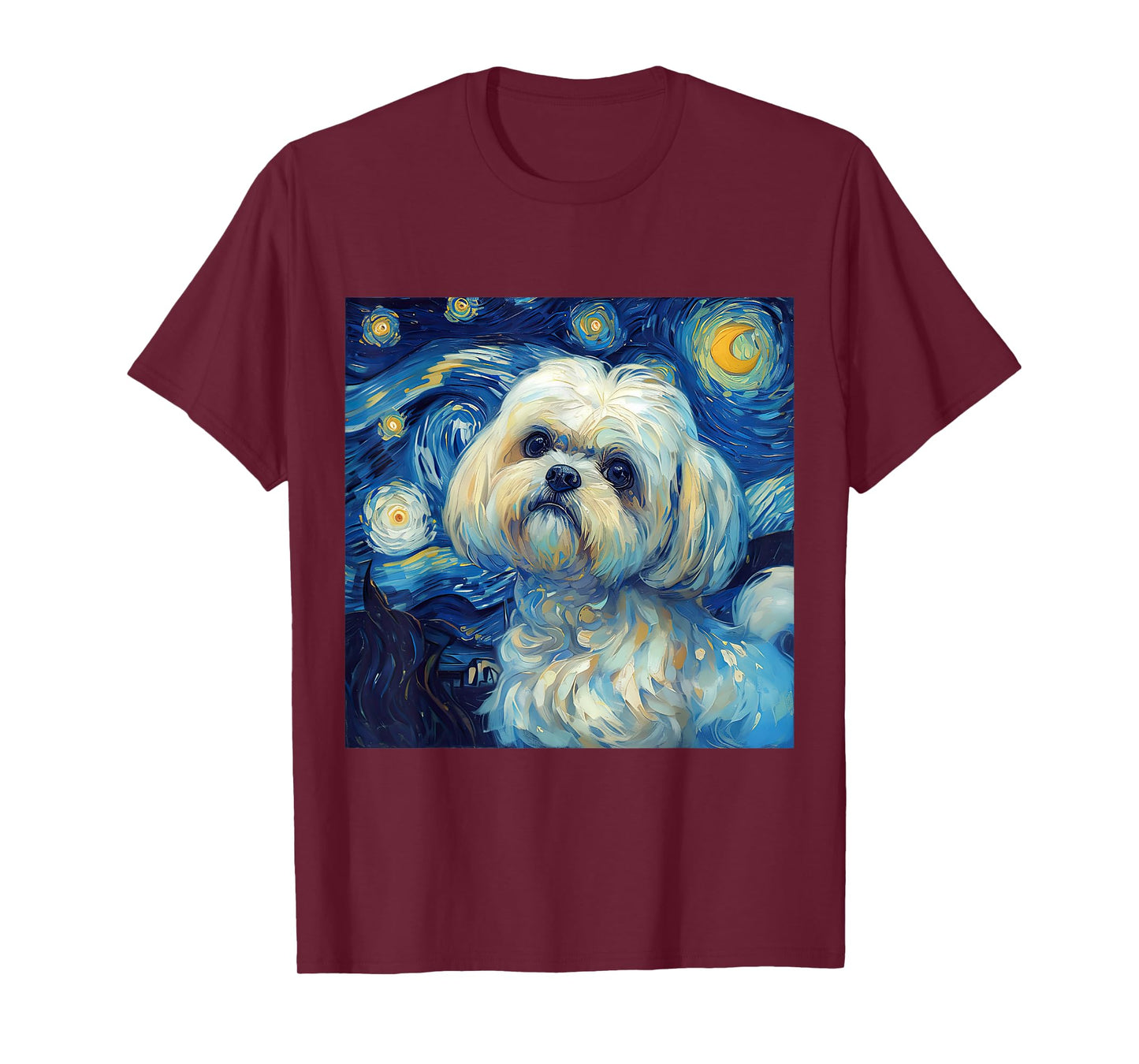 Maltese Dog Starry Night Vincent Van Gogh Painting T-Shirt