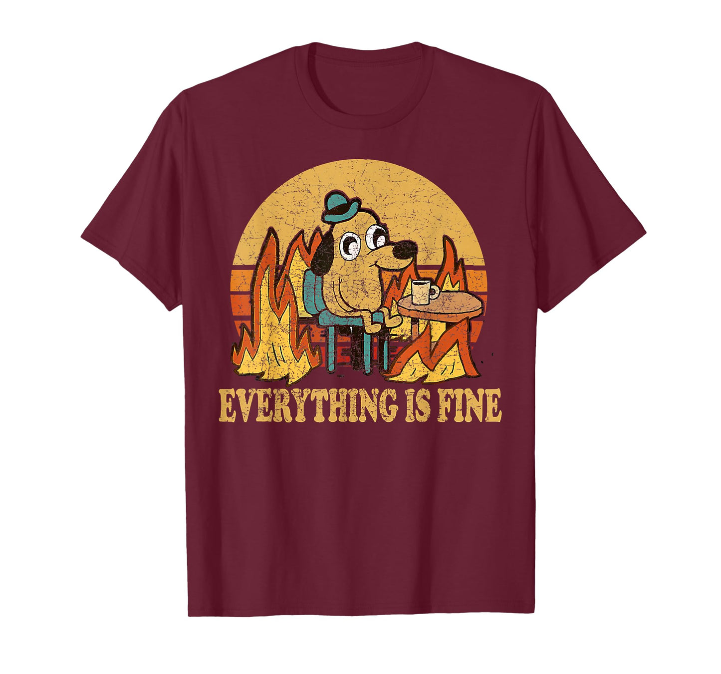 Everything is Fine Dog Drinking Coffee Burning Meme T-Shirt Small