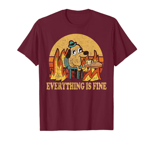 Everything is Fine Dog Drinking Coffee Burning Meme T-Shirt Small