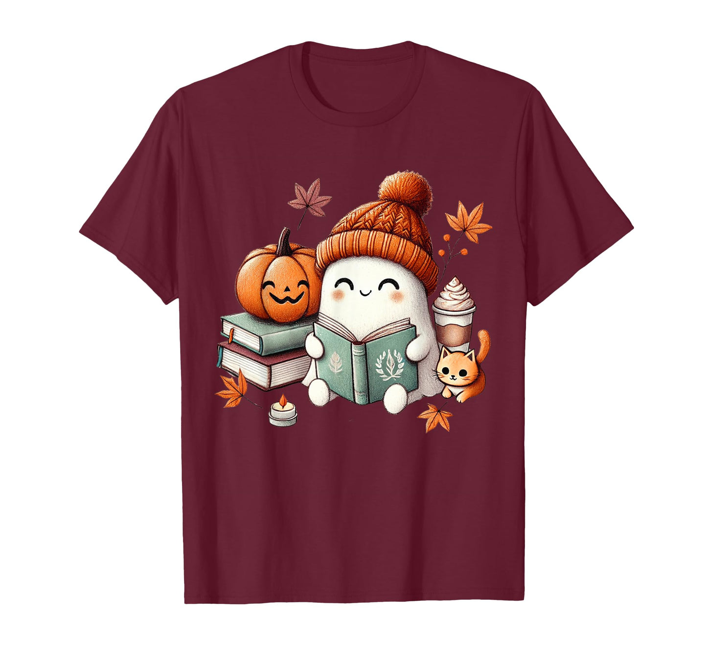 Cute Ghost Cat Reading Book Lovers Halloween Women Girls T-Shirt