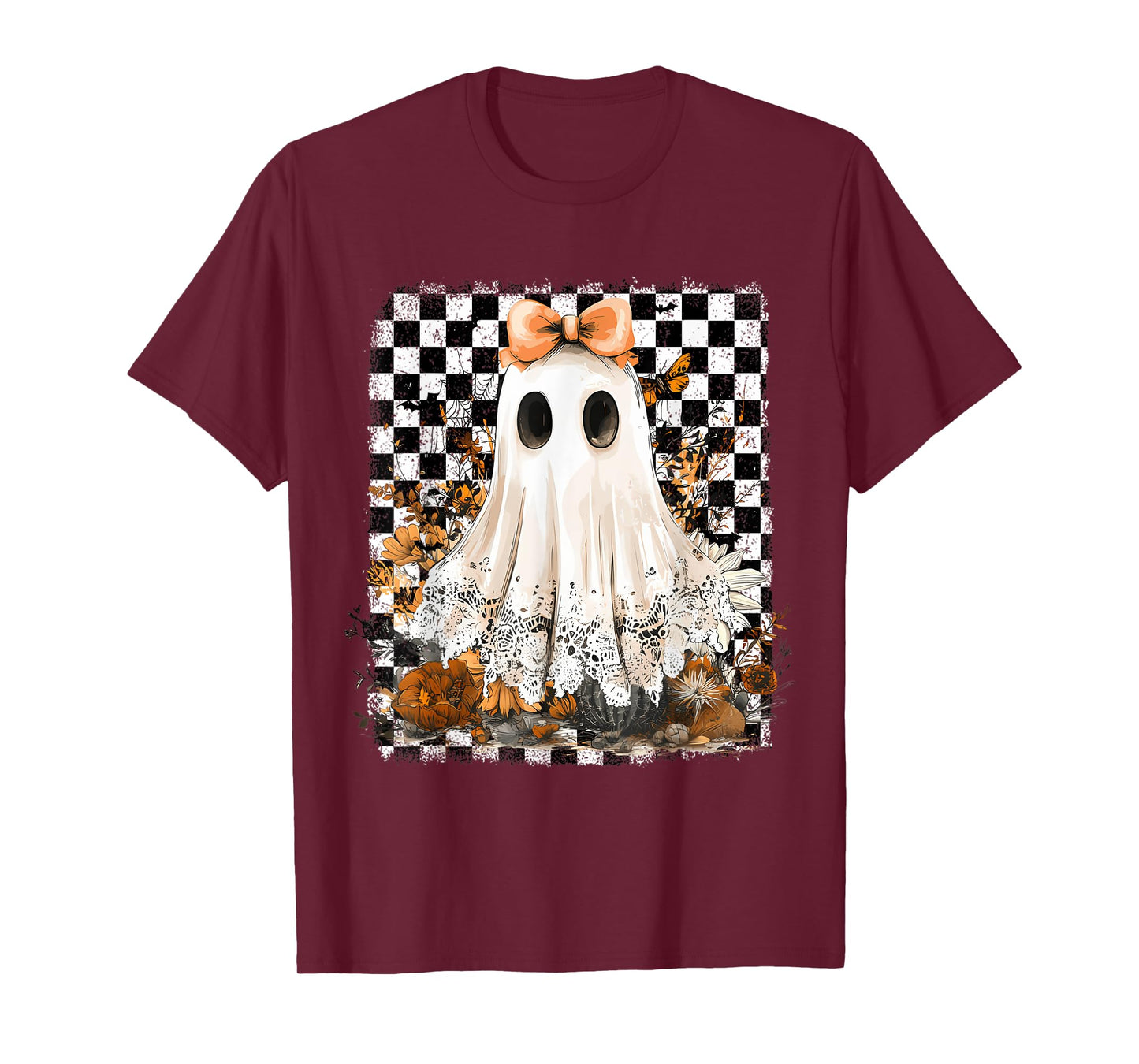 Cute Ghost Floral Lace Checkered Halloween Spooky T-Shirt
