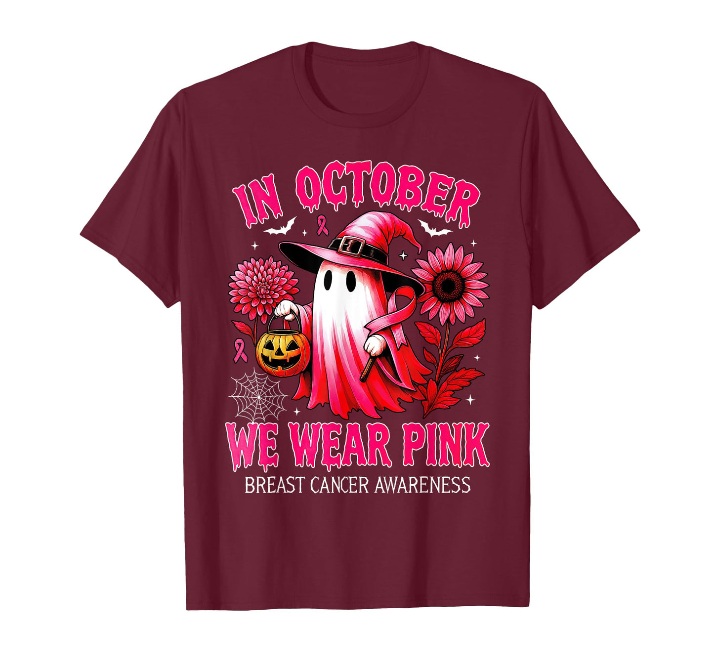 In October We Wear Pink Halloween Shirt Ghost Breast Cancer T-Shirt