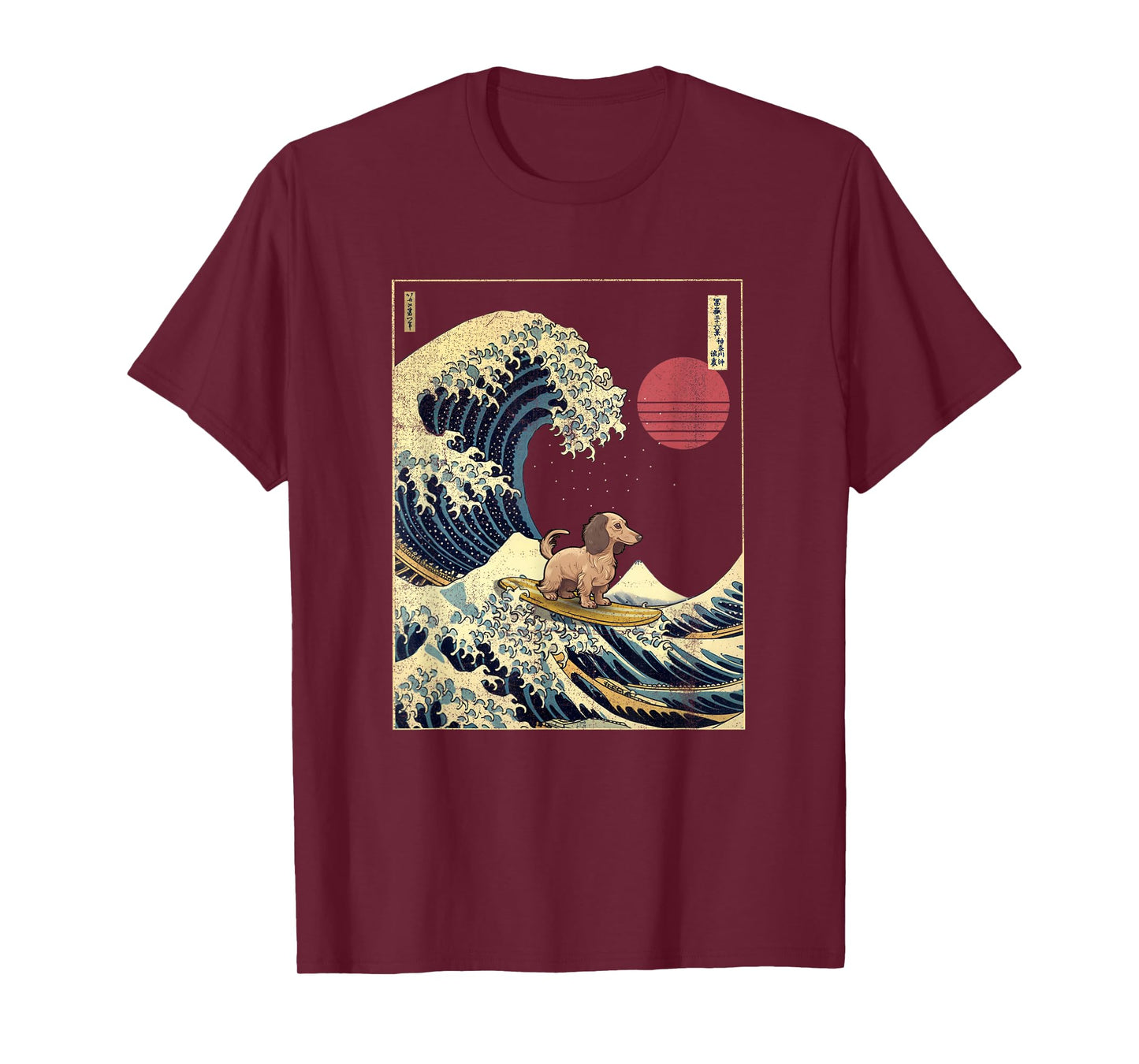 Long Haired Dachshund Japanese Kanagawa Wave Funny Surf Dog T-Shirt