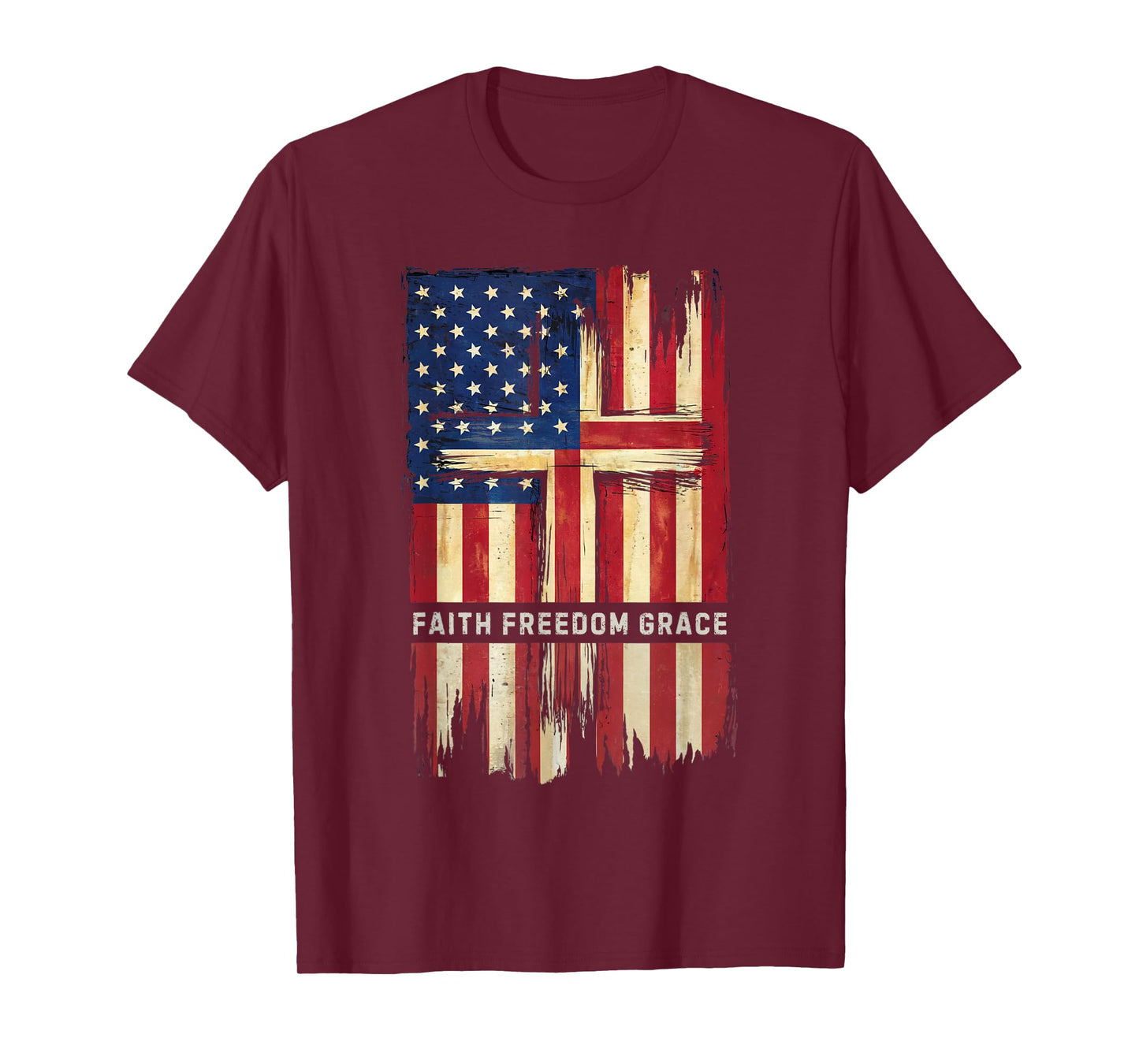 American Flag with Christian Cross Faith, Freedom, Grace T-Shirt