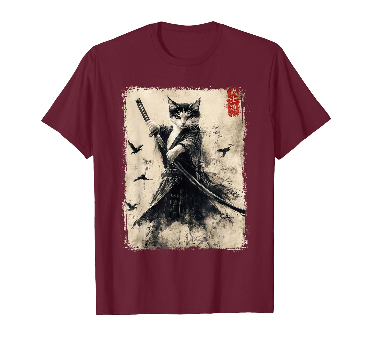 Samurai Cat Graphic Tee Warrior Vintage Japanese Art Anime T-Shirt