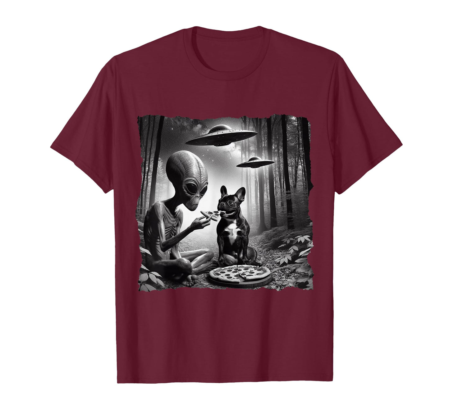 French Bulldog With Alien Eating Pizza. UFO French Bulldog T-Shirt