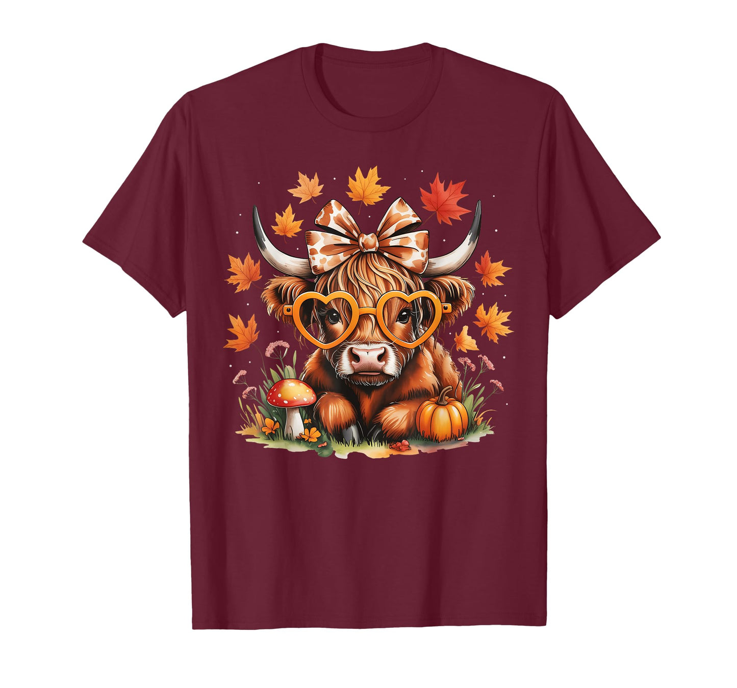 Fall Highland Cow Pumpkin Bow ThanksGiving Fall Girl Women T-Shirt
