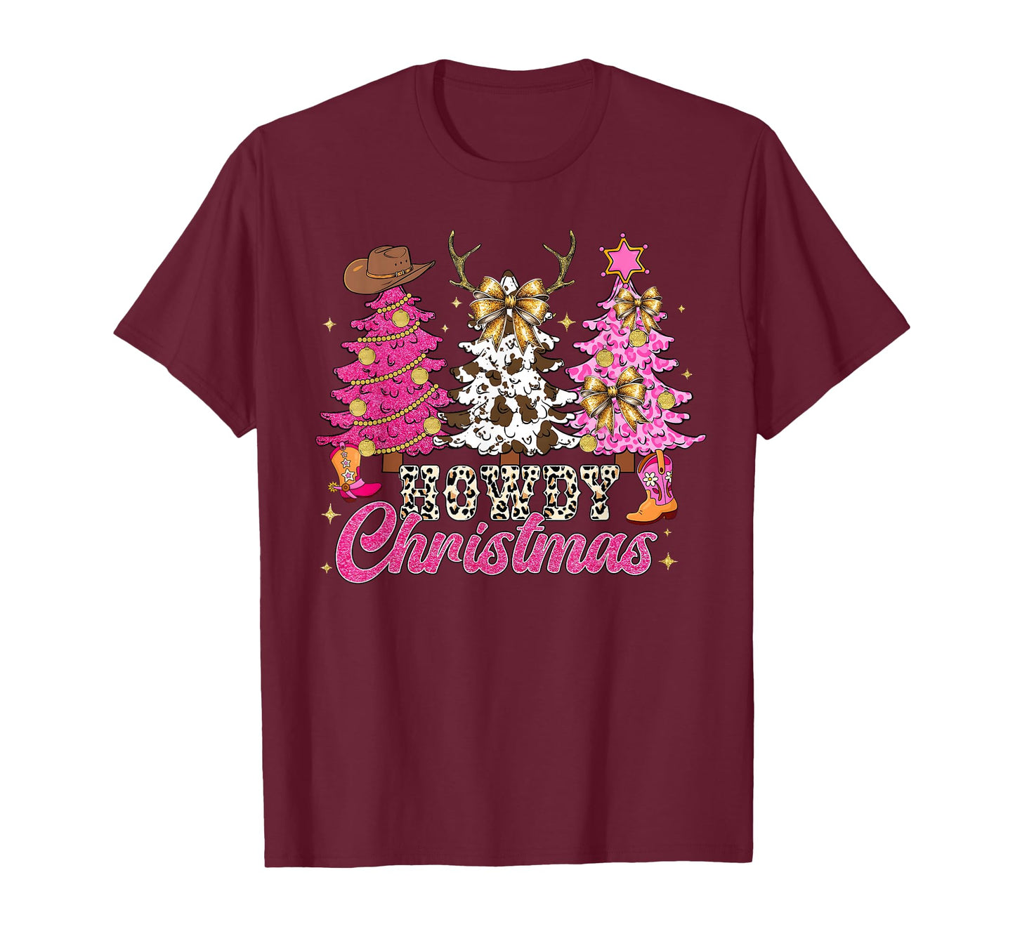 Howdy Christmas Western Cow-Print Tree Leopard Cowgirl Xmas T-Shirt