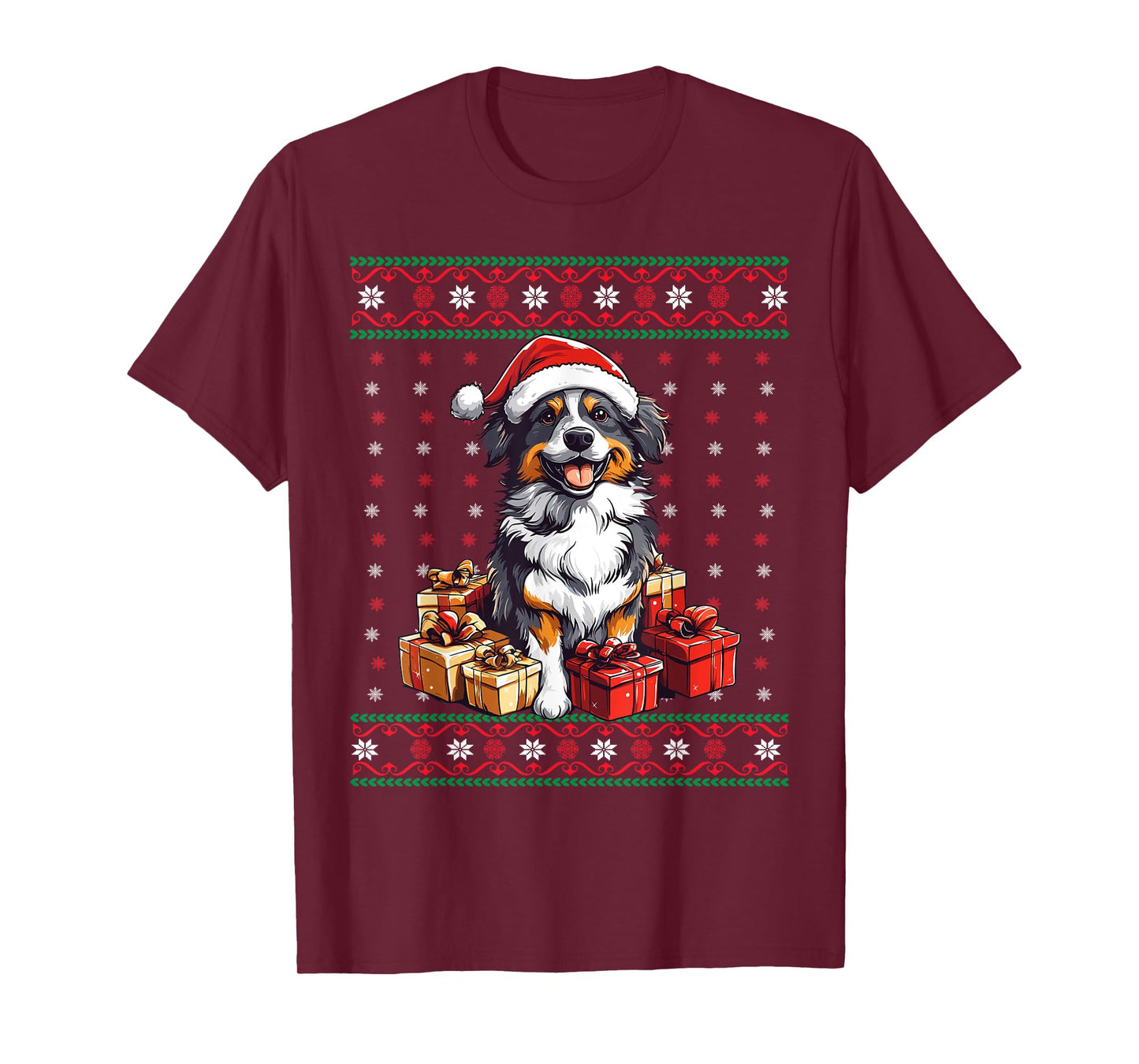 Aussie Santa Hat Xmas Australian Shepherd Ugly Christmas T-Shirt