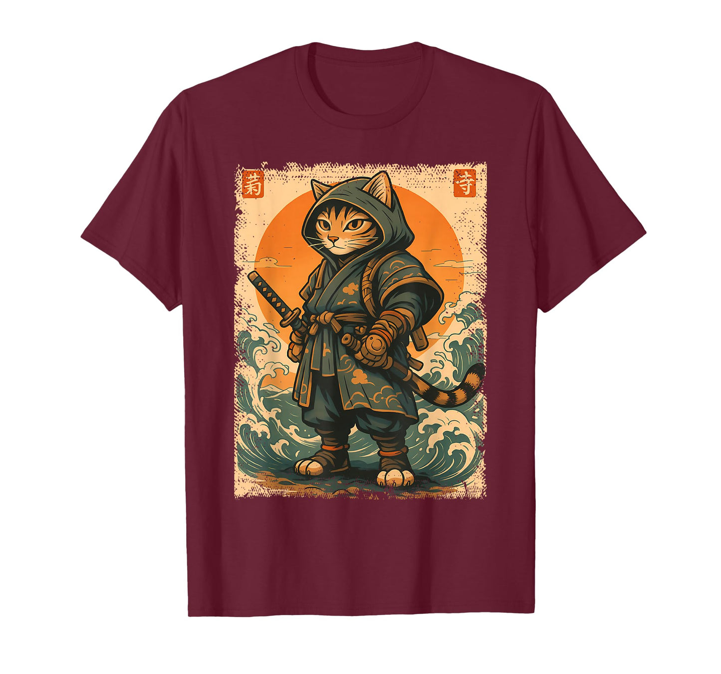 Samurai Cat Katana Warrior Vintage Japanese Cat Anime T-Shirt