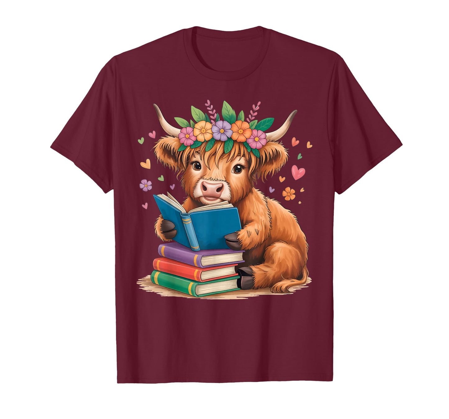 Cute Highland Cow Reading Books Farm Animal Flowers T-Shirt