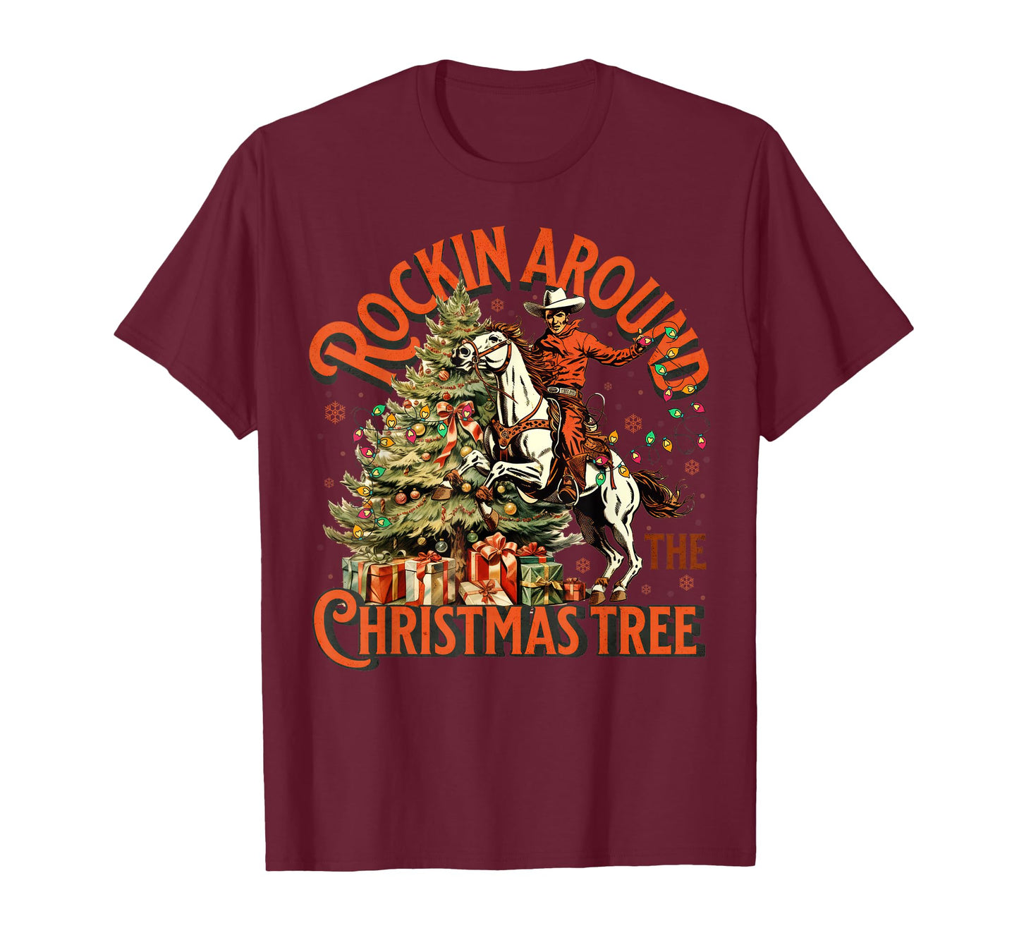 Retro Rockin Around Christmas Tree Cowboy Santa Riding Horse T-Shirt