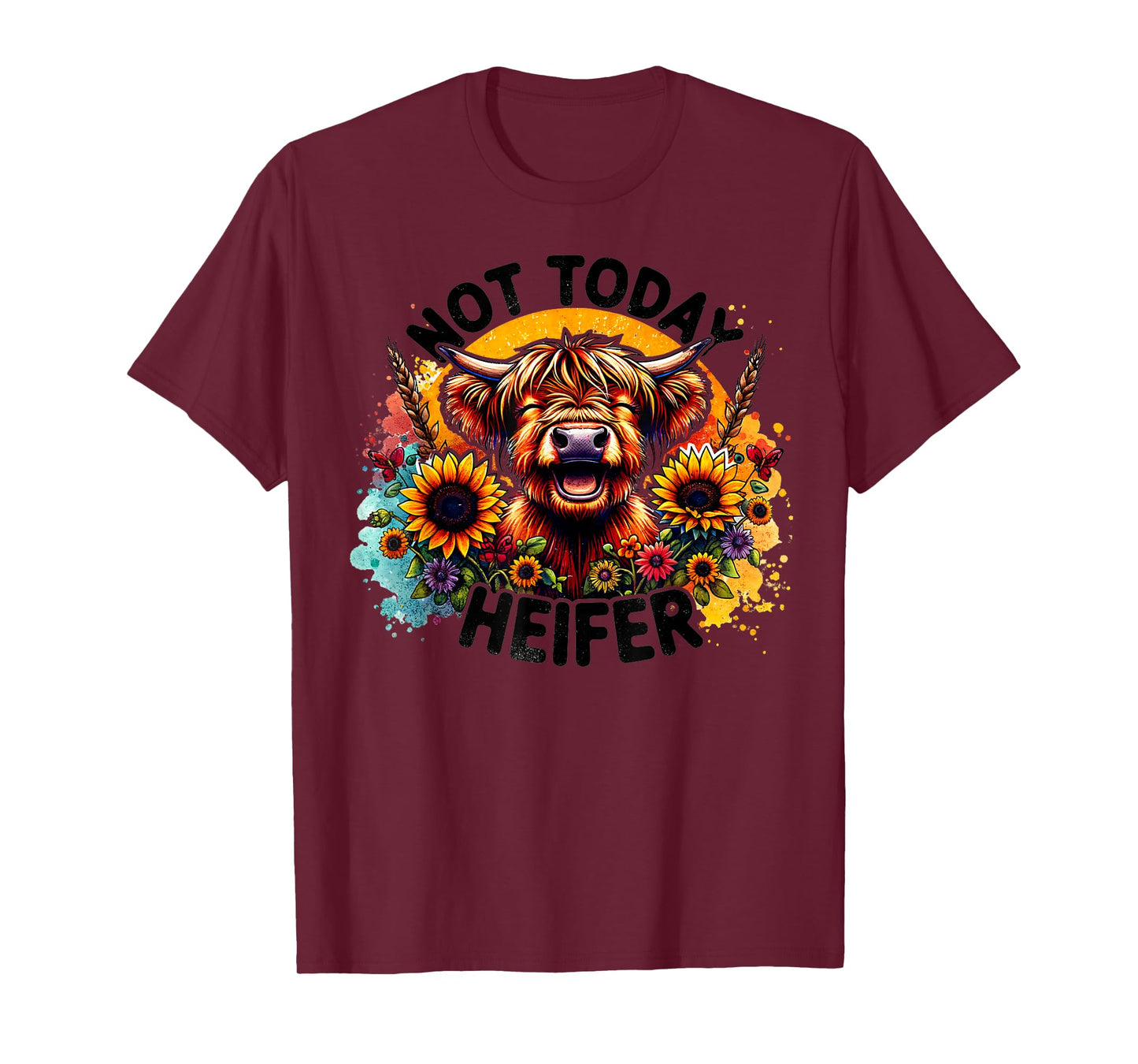 Vintage Not Today Heifer Funny Smiling Cow Sunflowers T-Shirt