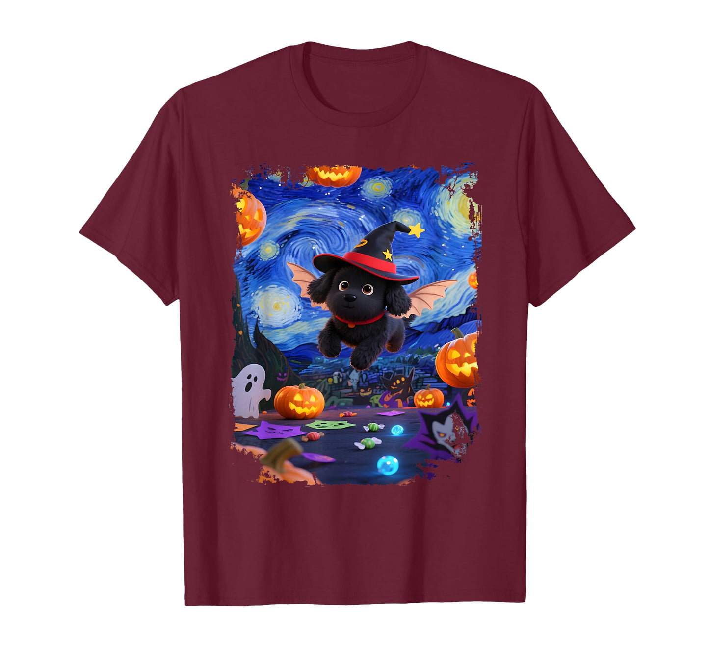 Funny Cute Flying Black Dog Van Gogh Starry Night Halloween T-Shirt for Men Women Kids
