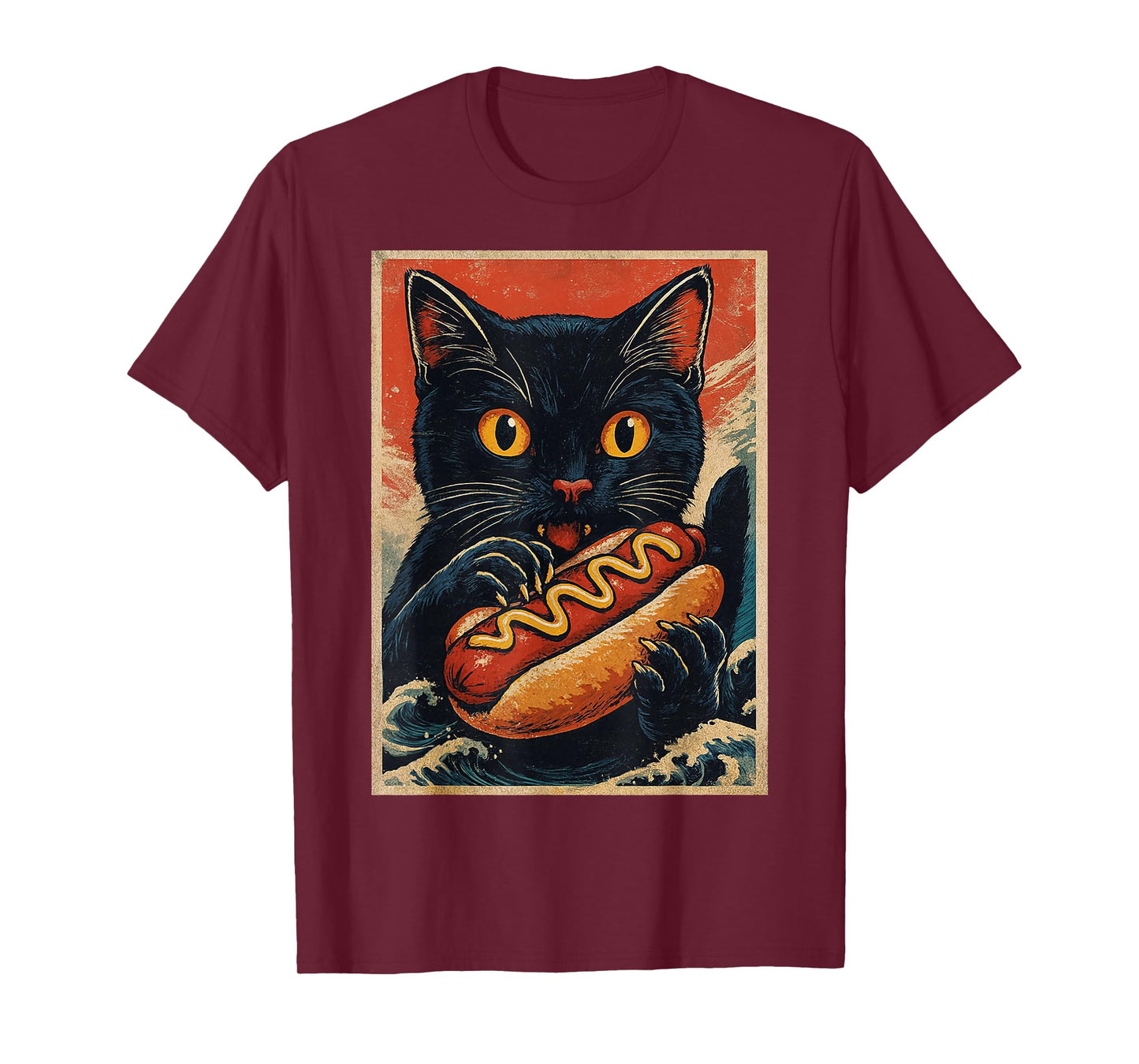 Funny Black Cat Eating Hot Dog Retro Japanese T-Shirt