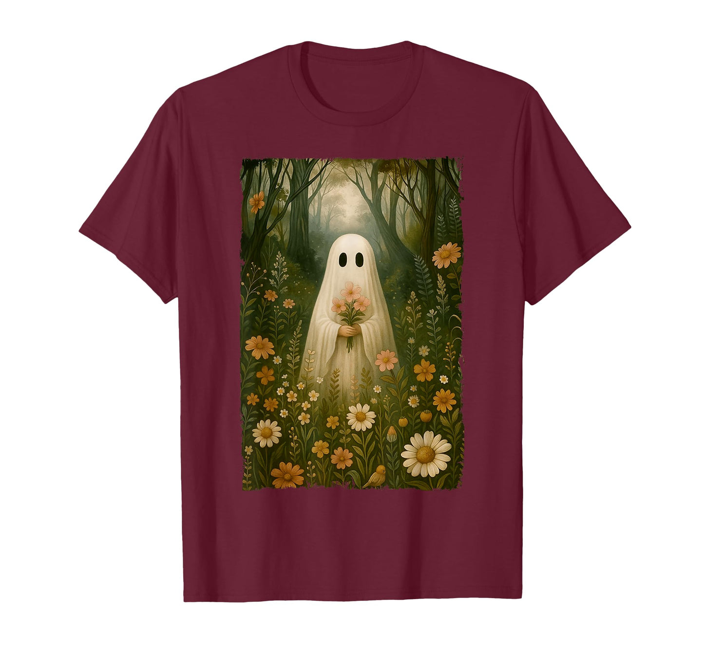 Vintage Halloween Cute Ghost Floral In The Forest Women T-Shirt