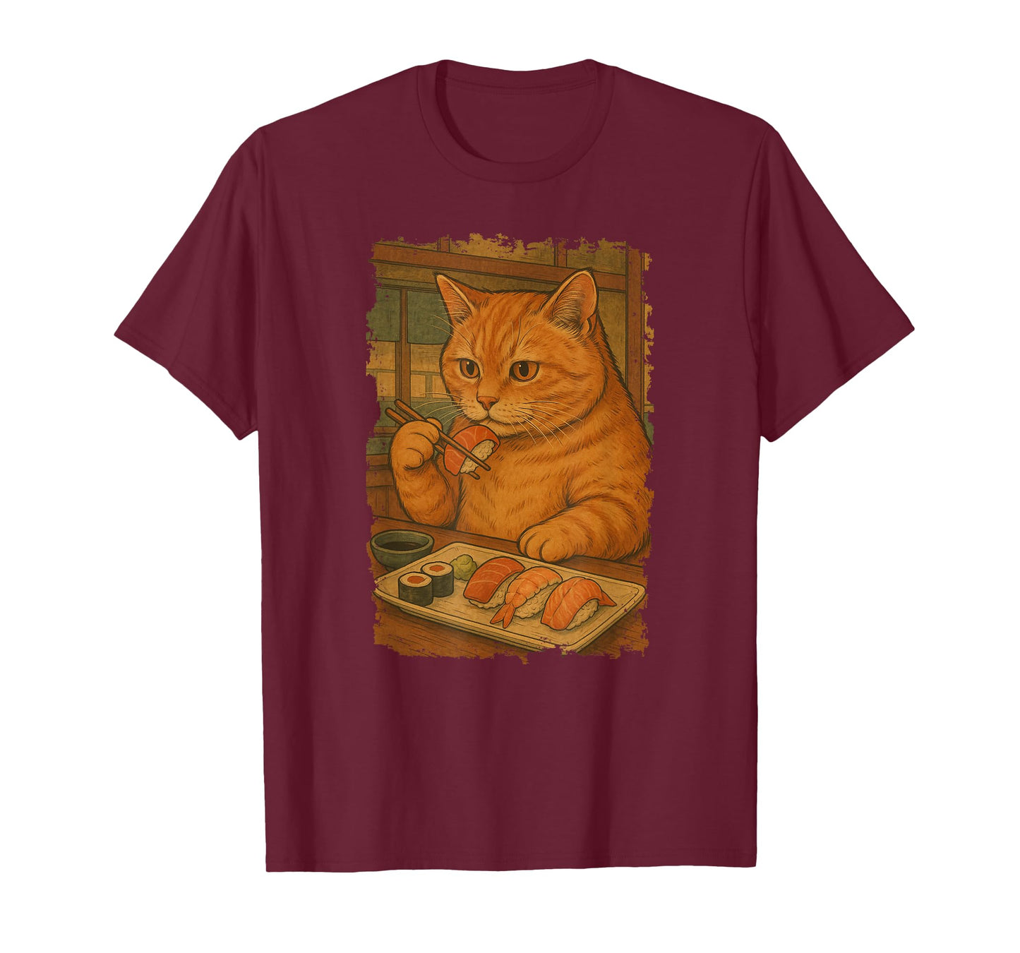 Orange Tabby Cat Eats Sushi Japanese Vintage T-Shirt