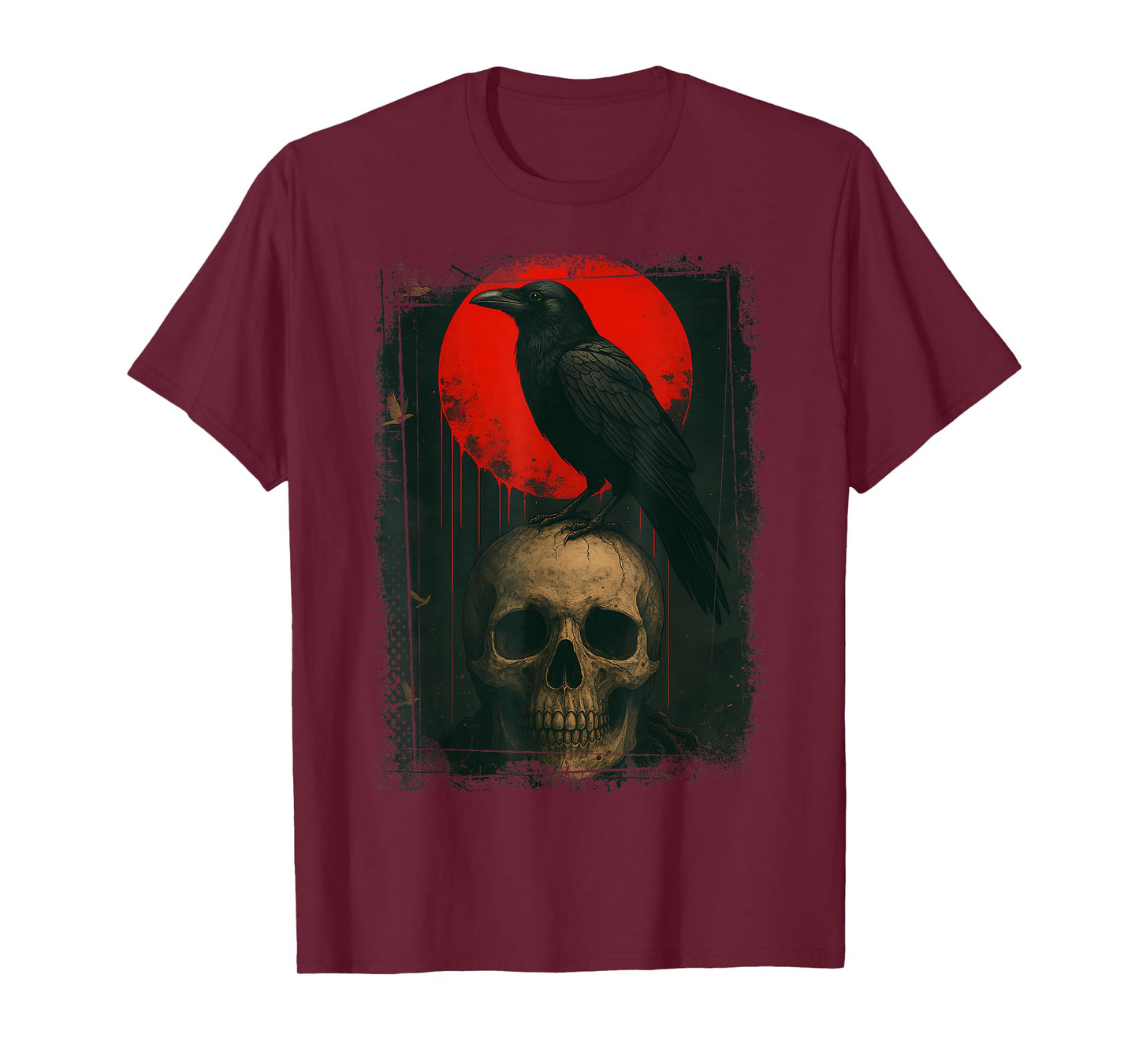 Red Moon Black Raven Skull Graphic Black Crow T-Shirt