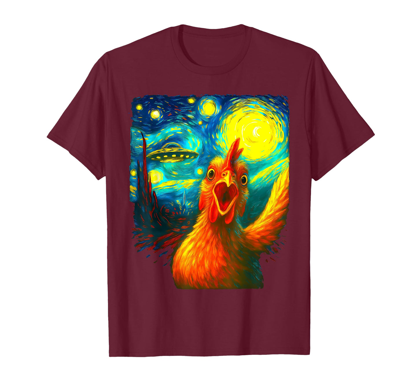 Chicken Selfie With Alien UFO Funny Starry Night Van Gogh T-Shirt