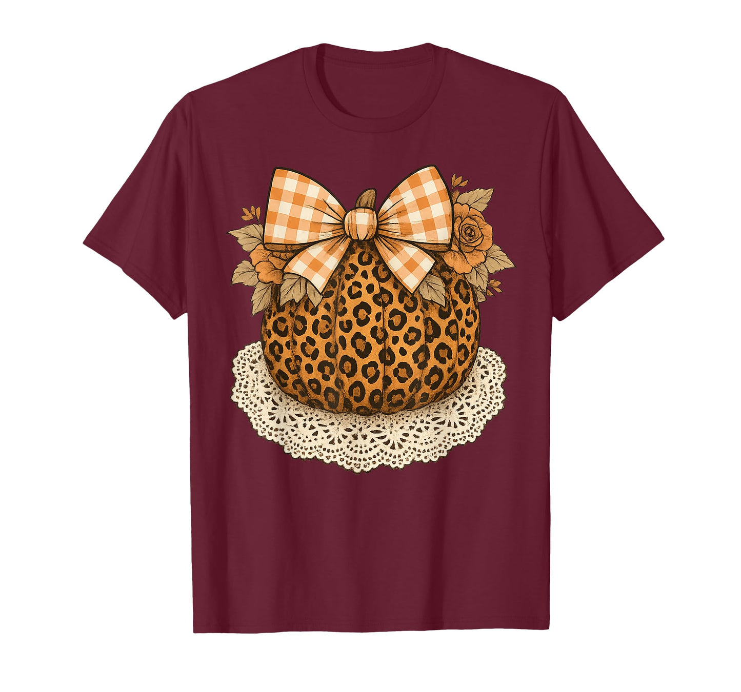 Pumpkin Leopard Thanksgiving Coquette Bow Autumn Fall Leaves T-Shirt
