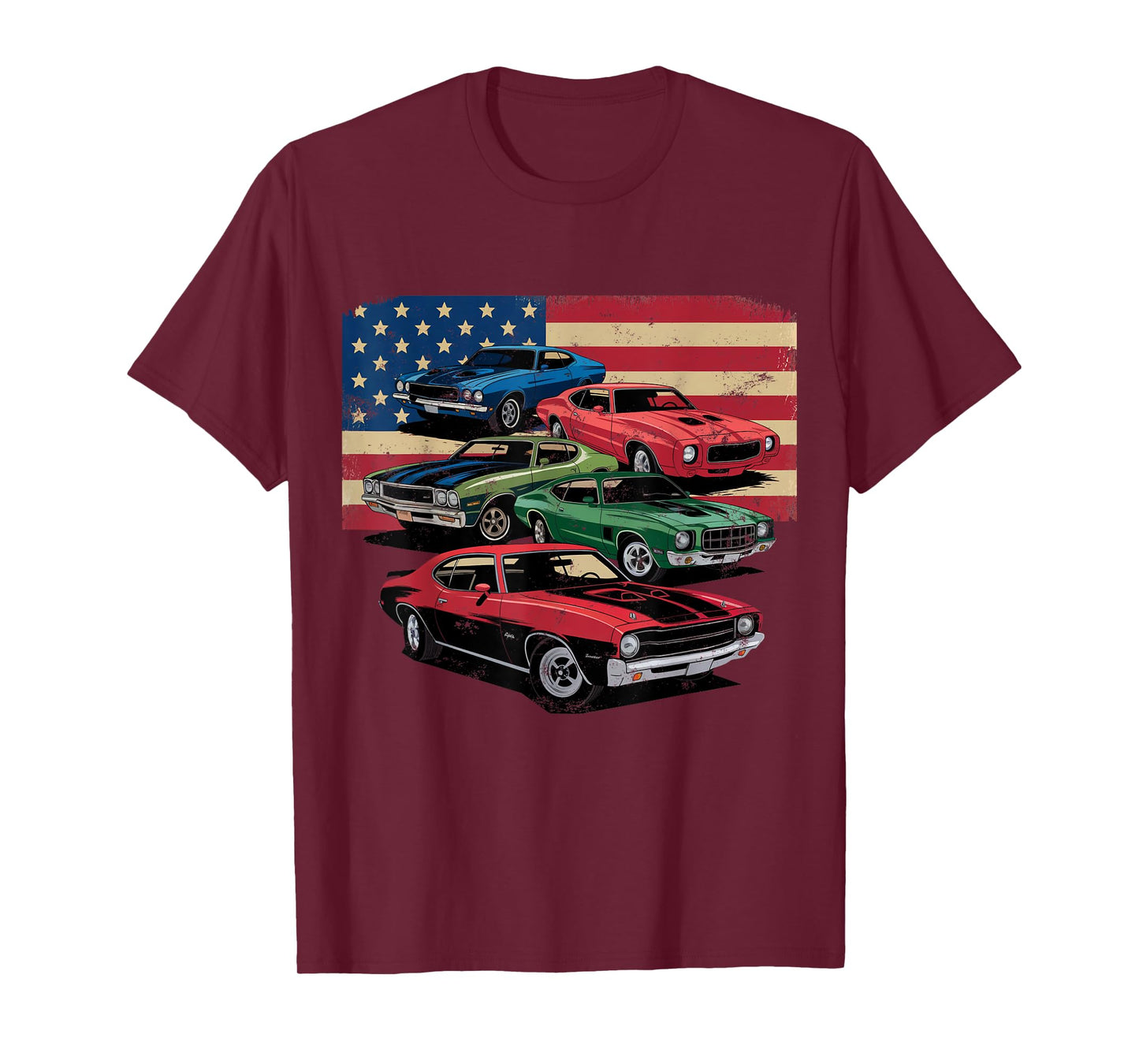 Vintage Classic Cars Muscle Car American Flag Patriotic T-Shirt