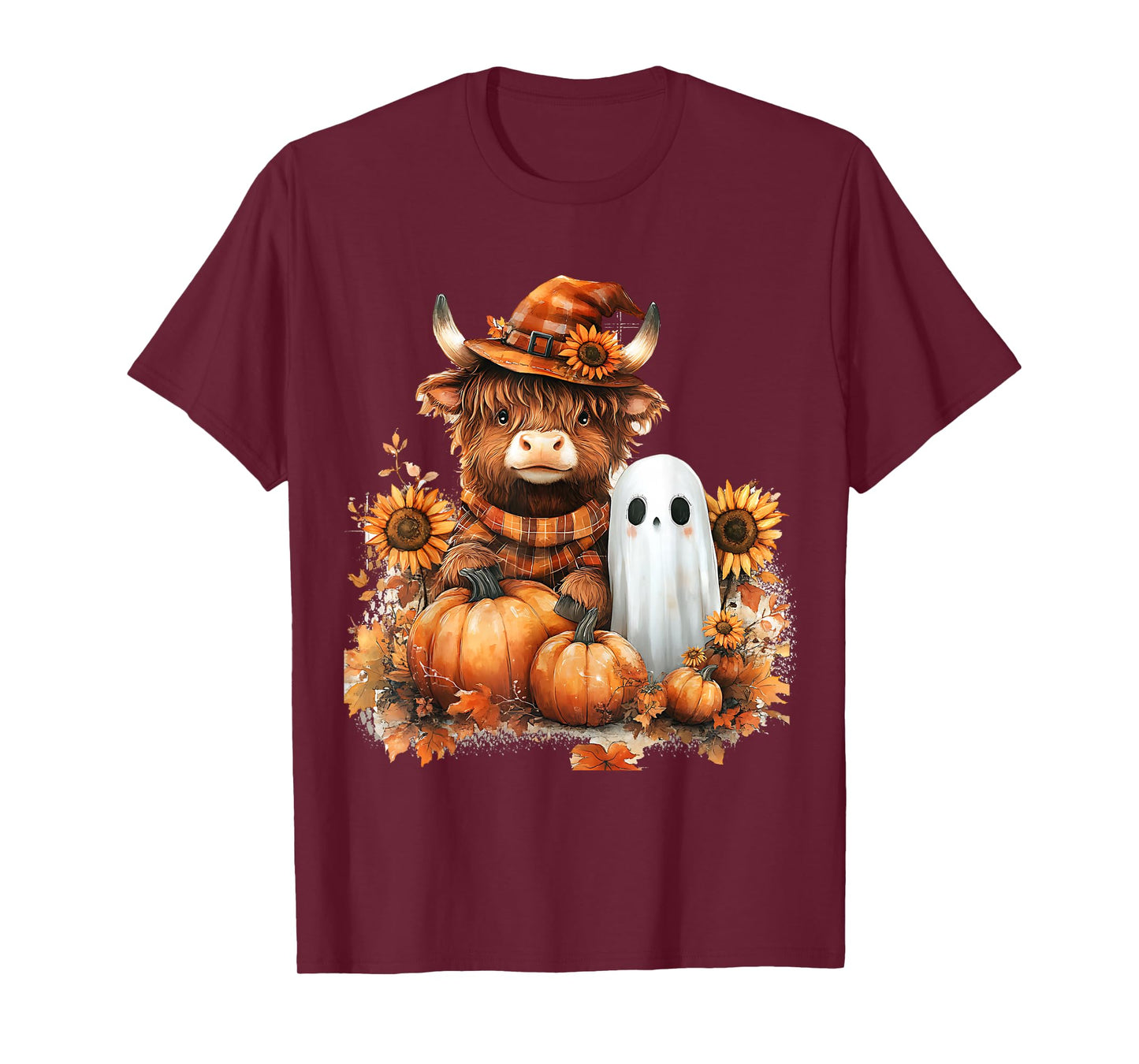 Highland Cow Ghost Pumpkin Sunflower Fall Cute T-Shirt