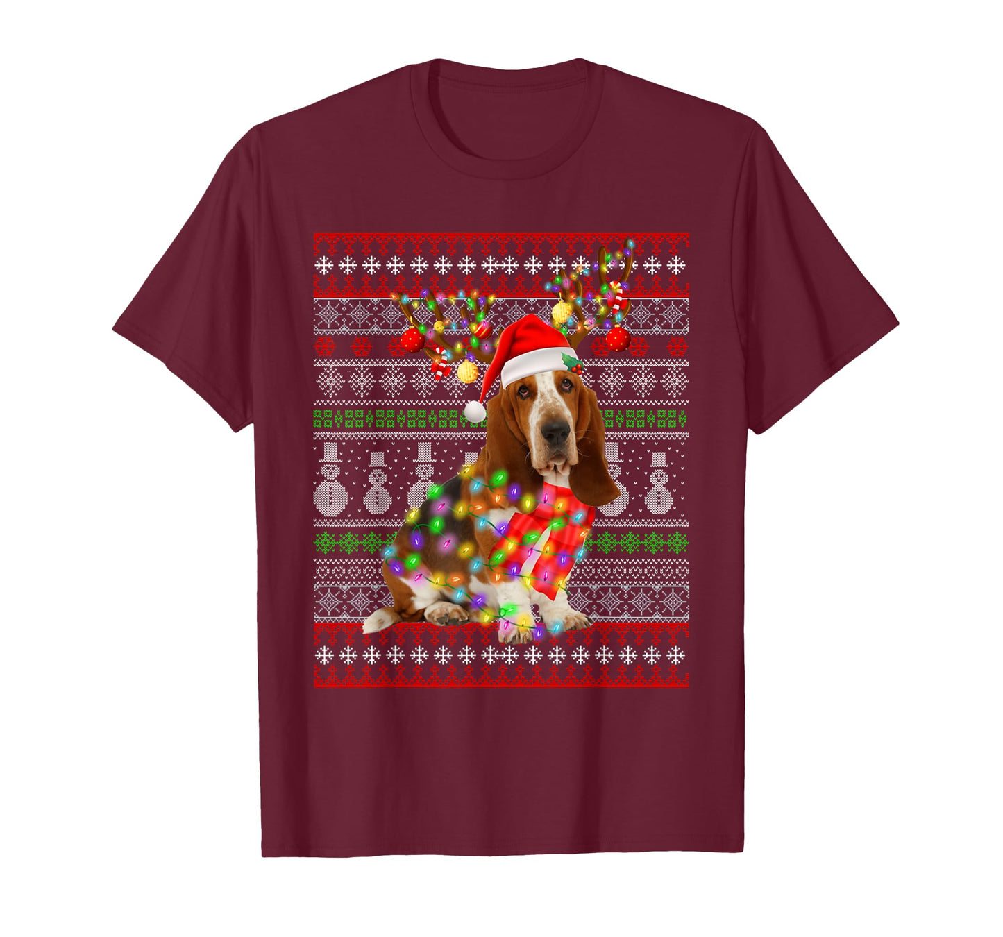 Santa Basset Hound Dog Christmas Lights Ugly Xmas Sweater Men Women Kids T-Shirt