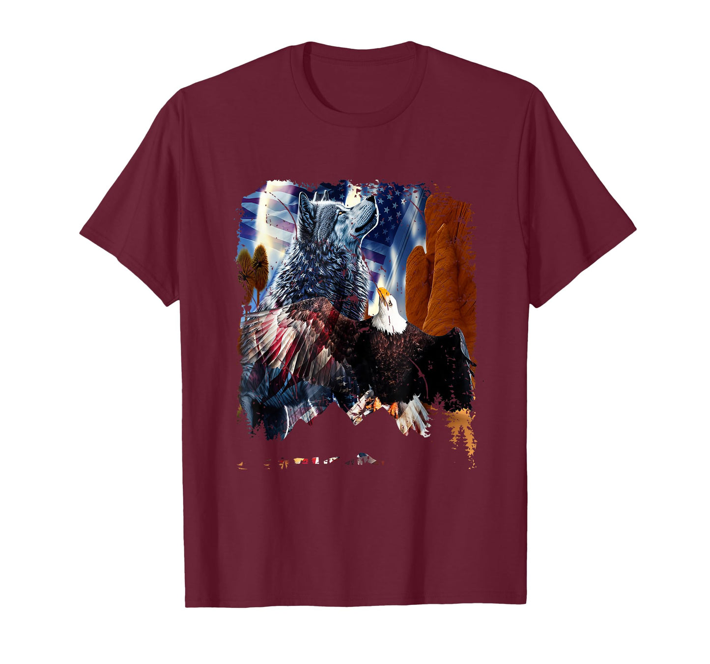 Wolf With Bald Eagles American Flag Patriotic Independence Women Men T-Shirt