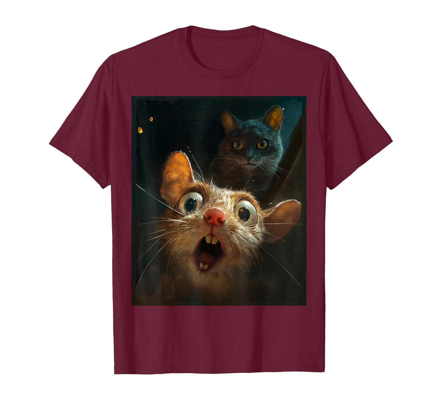 Funny Surprised Scared Mouse Selfie in Front of Sneaky Cat T-Shirt