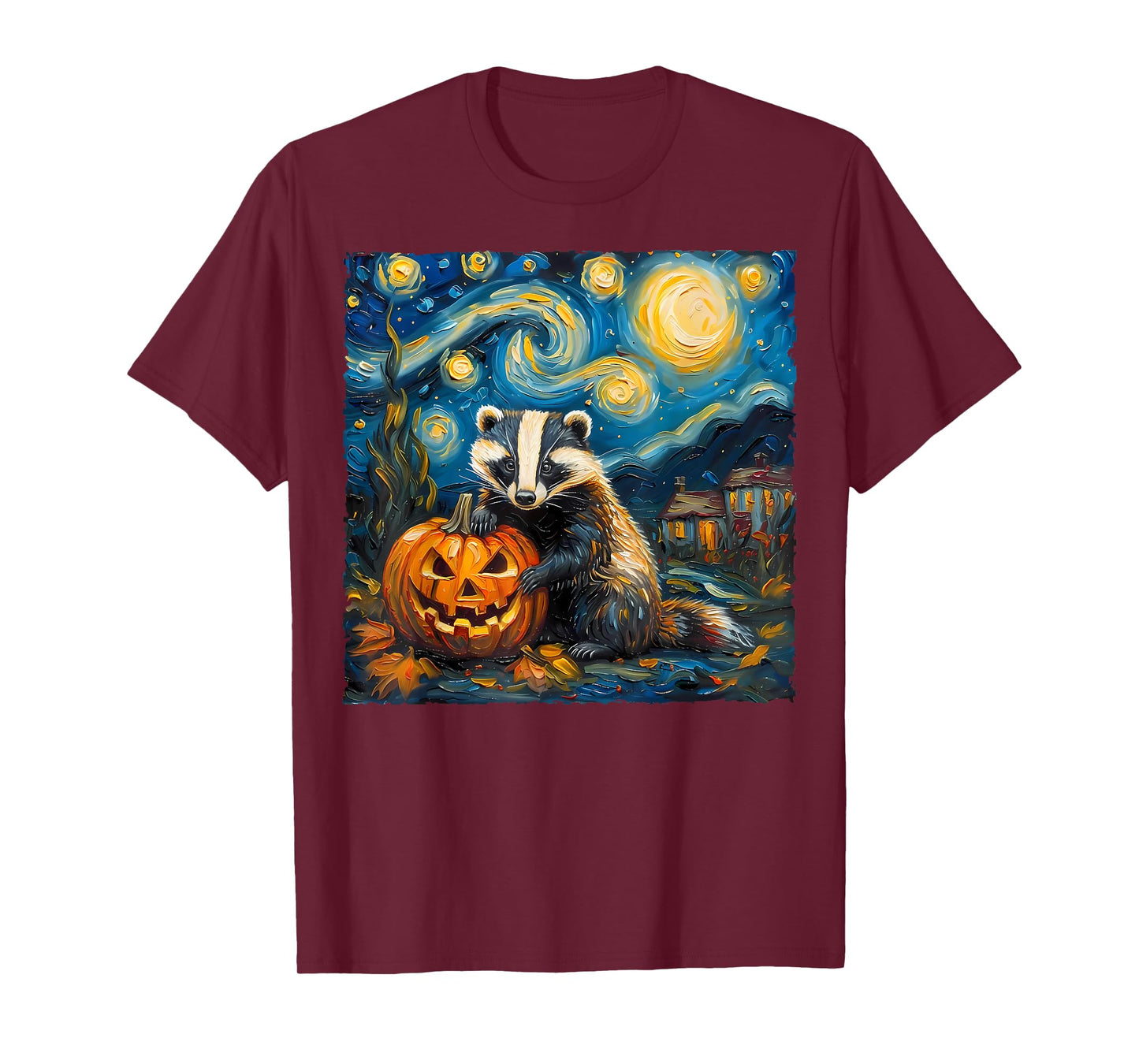 Badger Pumpkin Van Gogh's The Starry Night Halloween Art T-Shirt