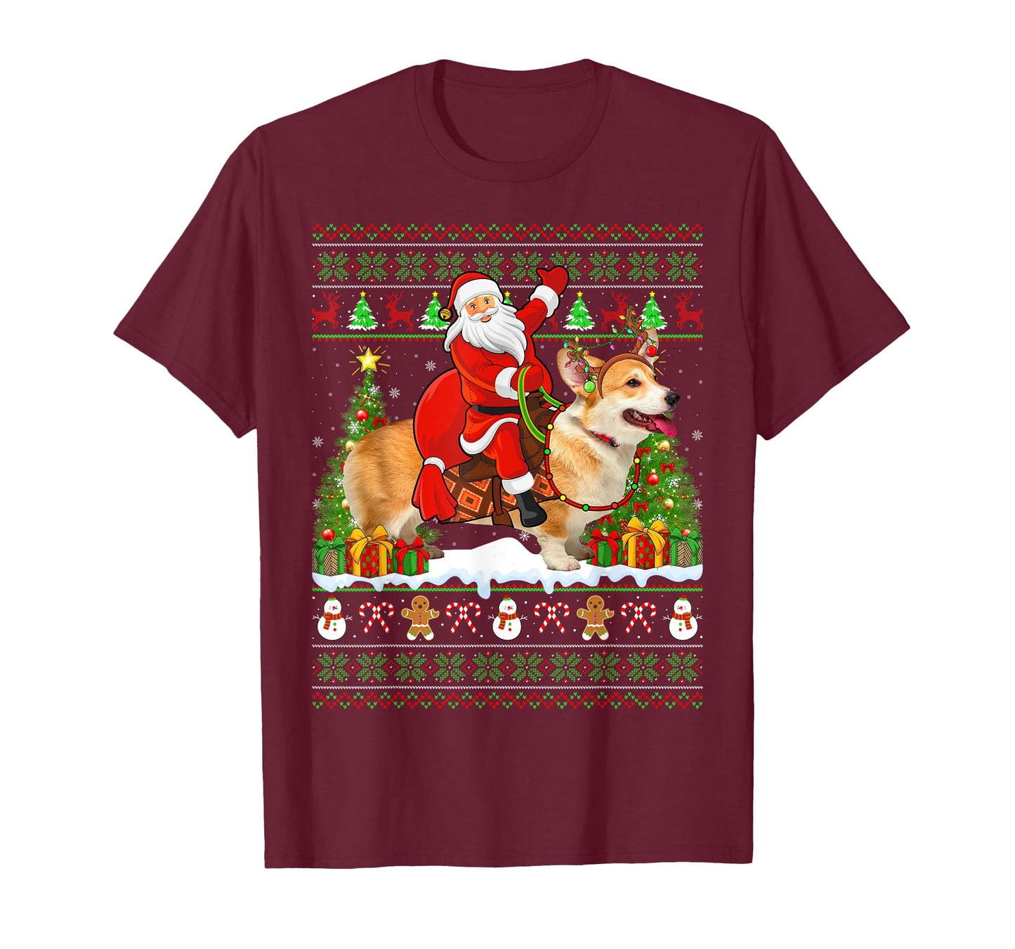 Corgi Dog Lover Funny Ugly Santa Riding Corgi Christmas T-Shirt