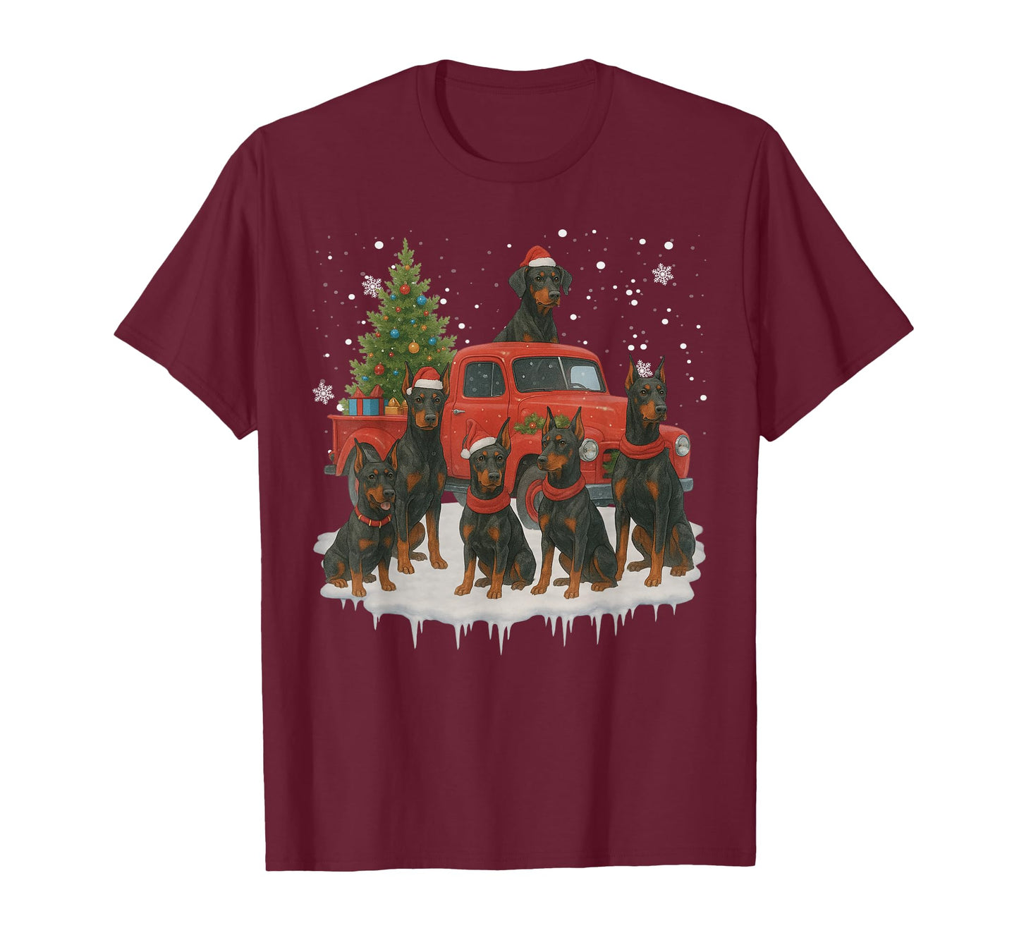 Doberman Pinscher Dog Red Truck Christmas Tree Santa Ugly T-Shirt