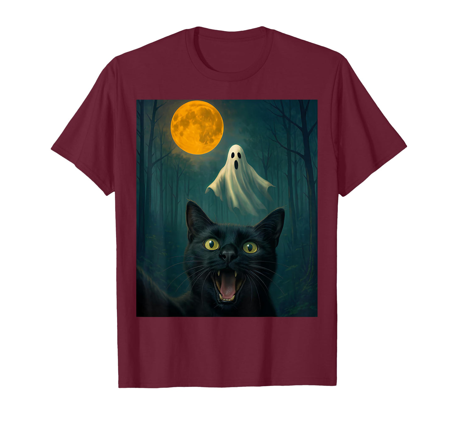 Funny Scared Cat Selfie with Ghost Halloween Day Women Men T-Shirt