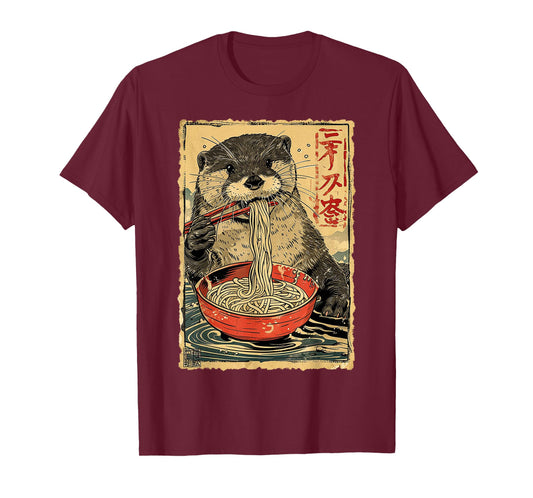 Funny Vintage Japanese Art Otter Eating Ramen Noodles Kids T-Shirt