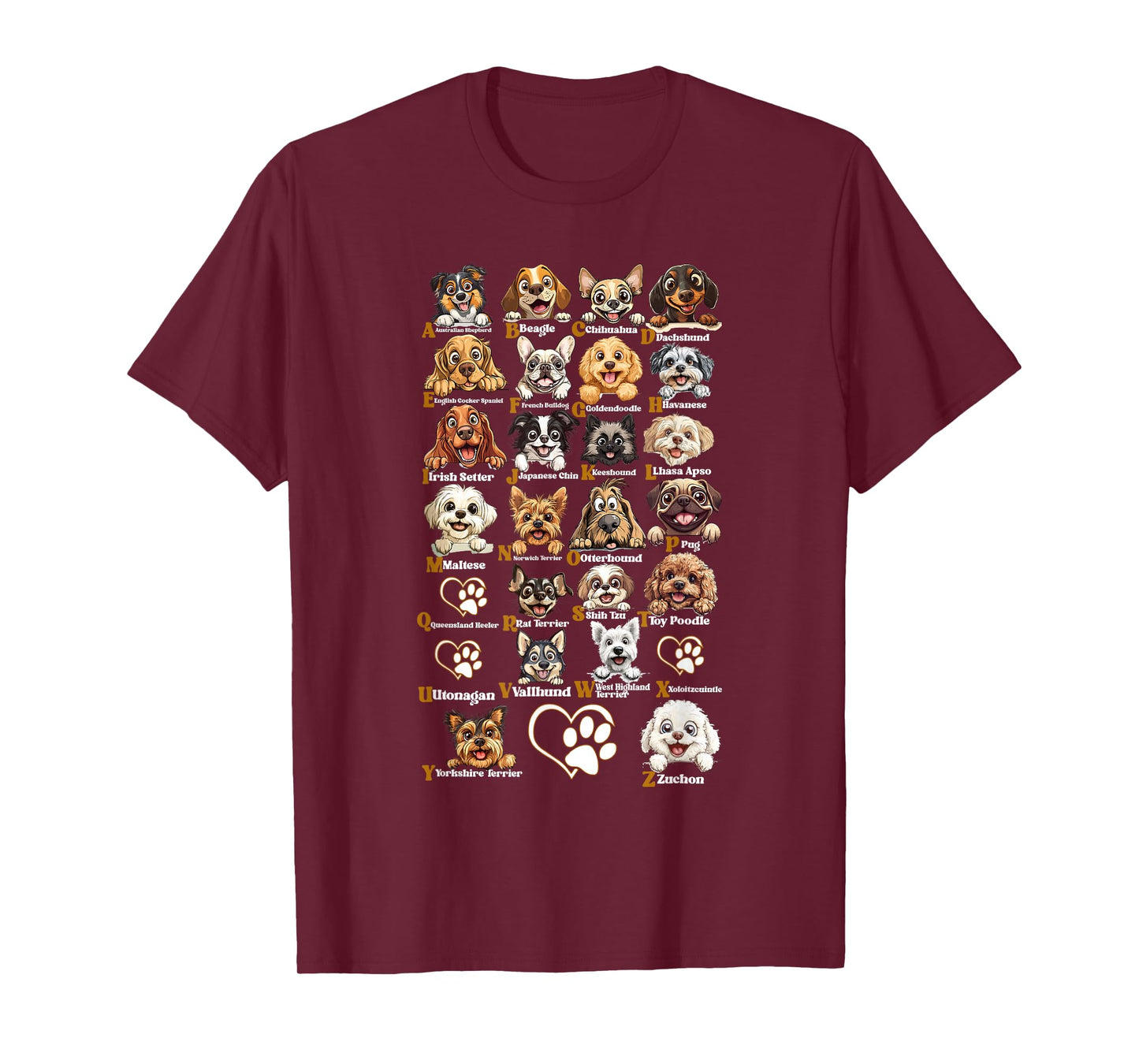 ABC Dog Breeds Identification A-Z Types of Dogs Canine T-Shirt