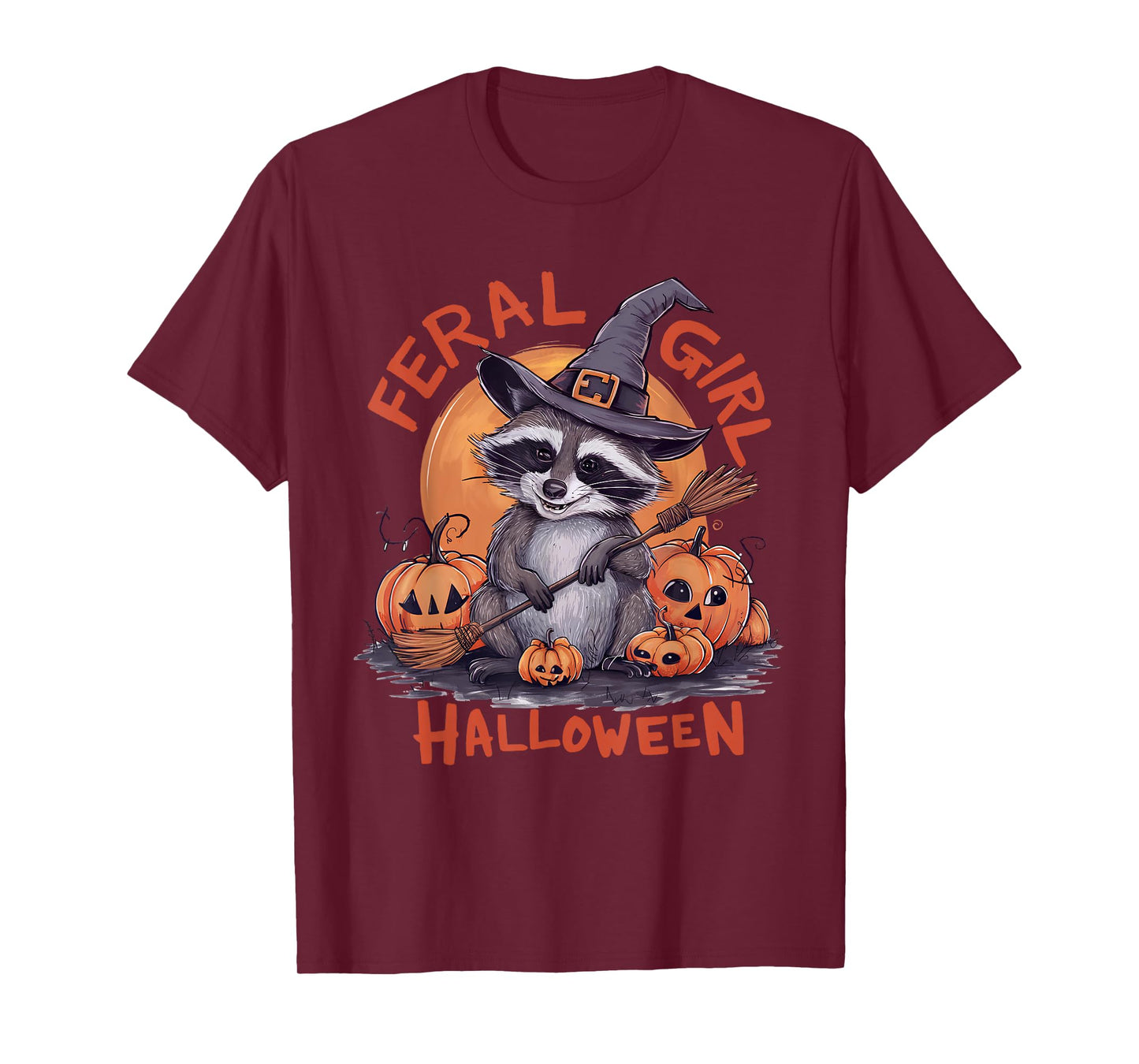 Feral Girl Halloween Spooky Witch Funny Raccoon Pumpkin T-Shirt