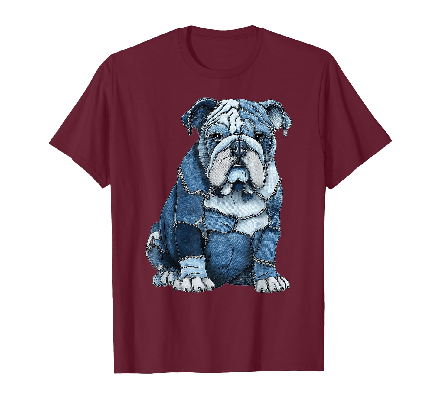 Funny English Bulldog Dog Blue Denim Patchwork Graphic T-Shirt