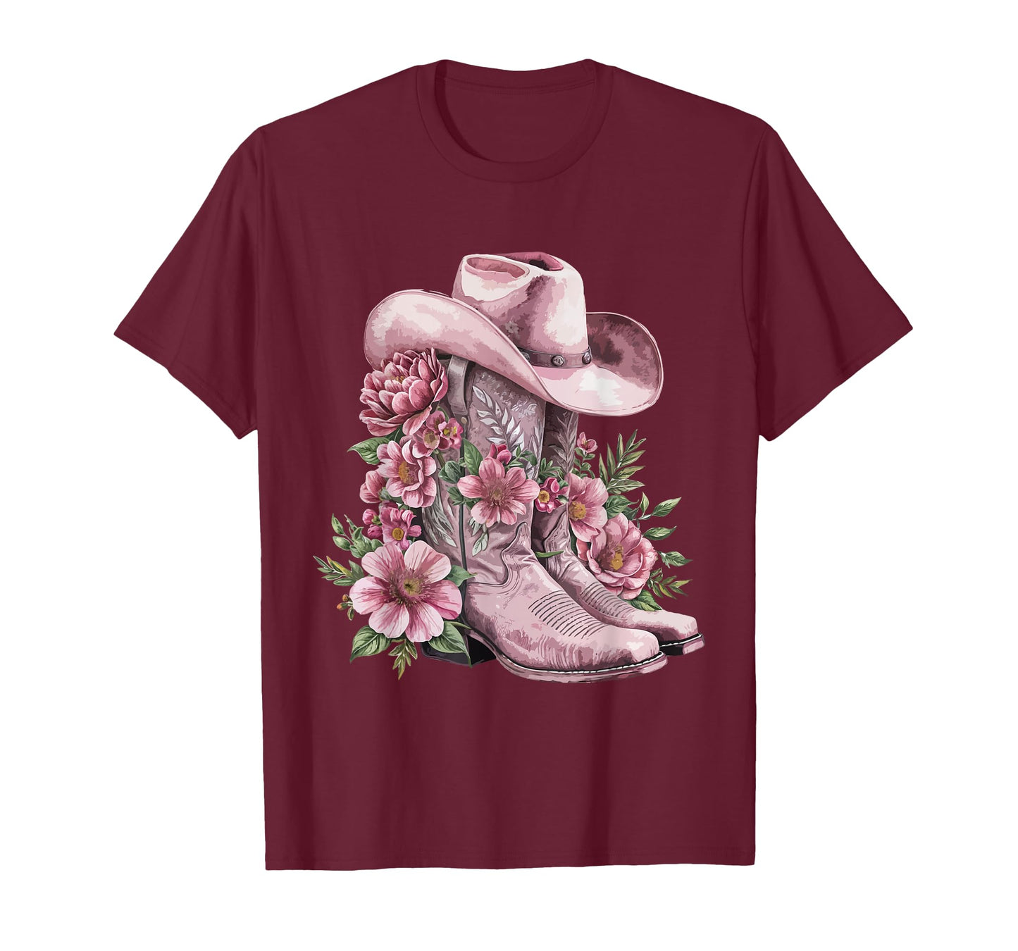 Watercolor Cowgirl Floral Boots Hat Western Boots Boho Women T-Shirt
