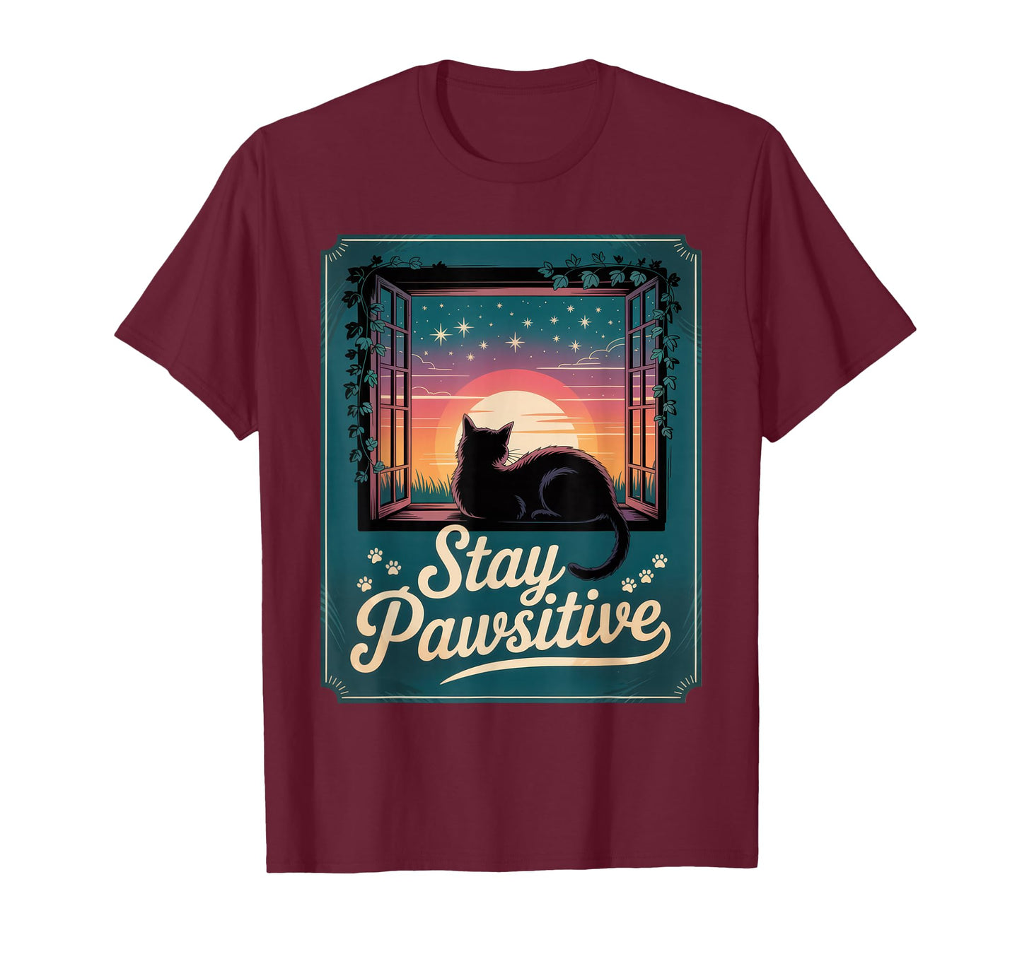 Stay Pawsitive Cat Lover Chill Relaxation Sunset Vibes T-Shirt