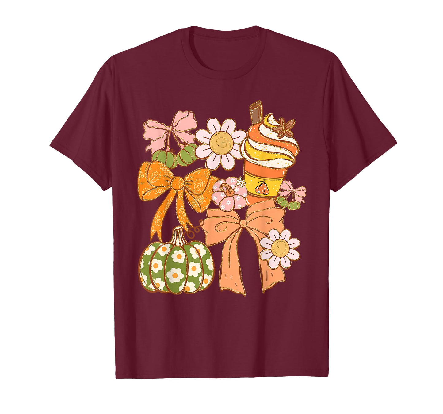 Coquette Bow Pumpkin Season Autumn Fall Leaves Thanksgiving T-Shirt