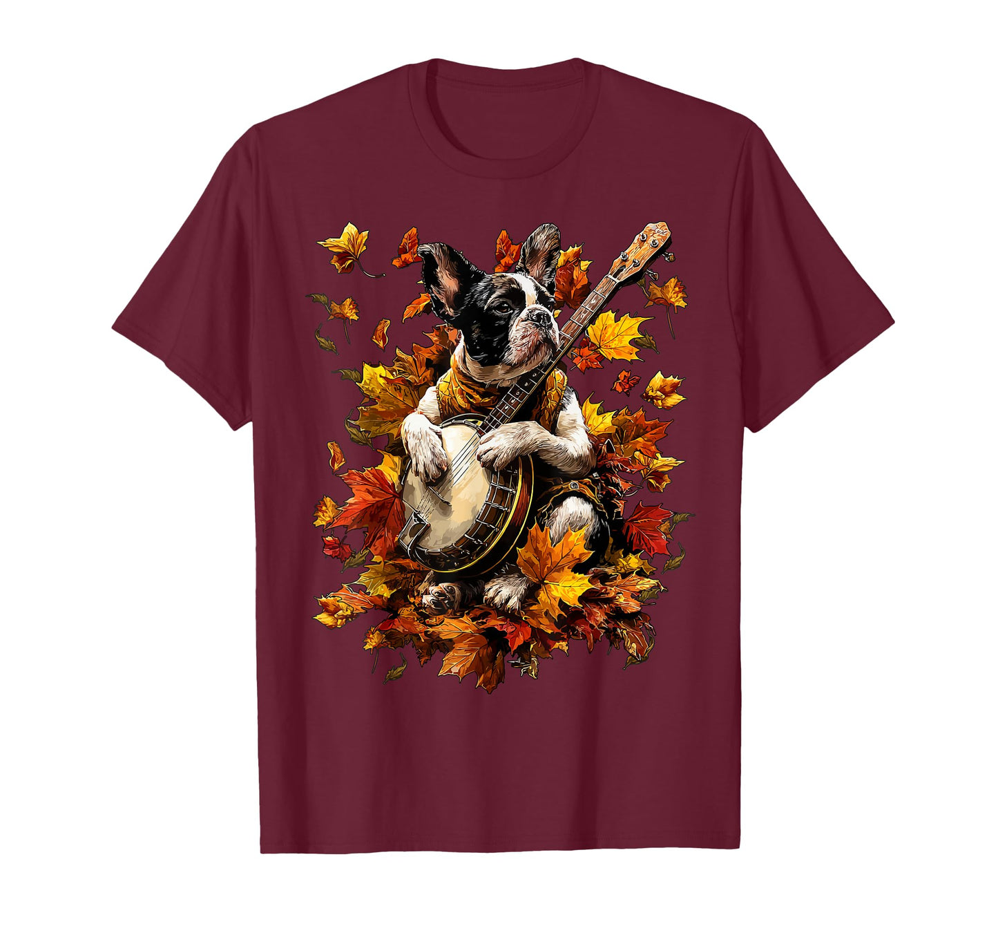 Banjoist French Bulldog Playing Banjo Fall Leaves Autumn Dog T-Shirt