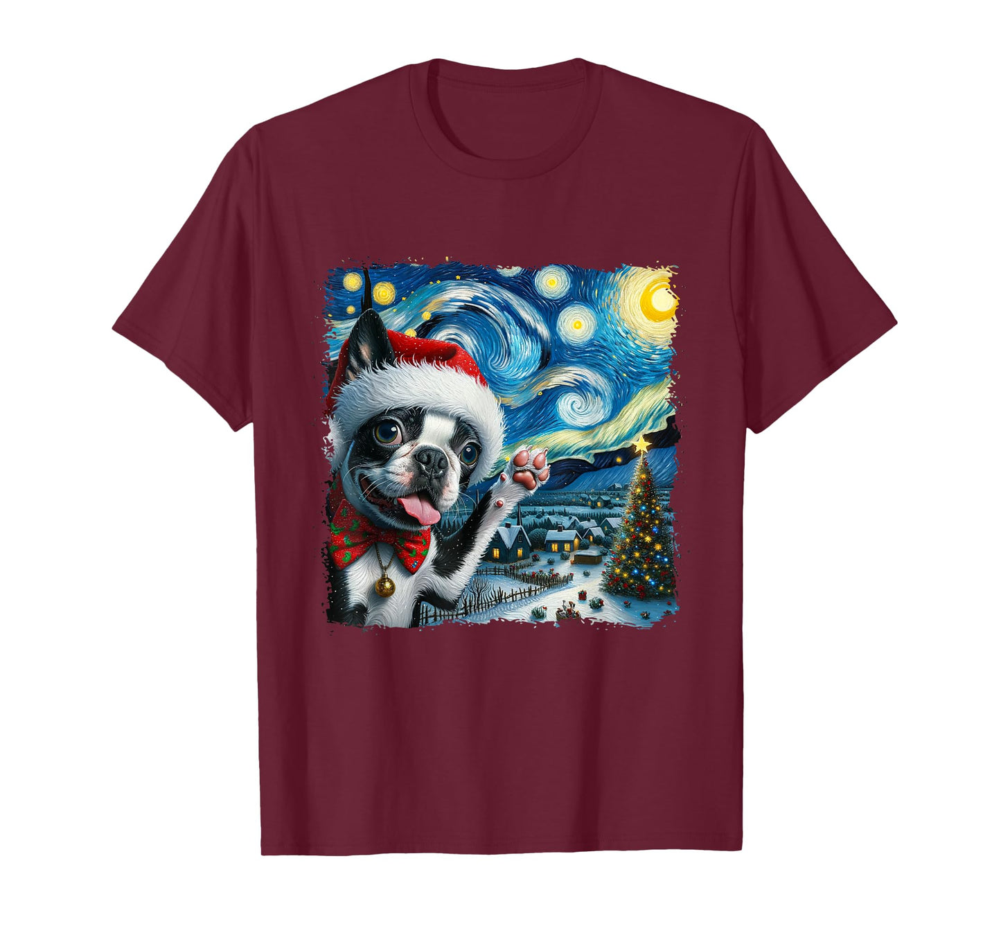 Boston Terrier Santa Starry Night Van Gogh Christmas Dog Men Women Kids T-Shirt